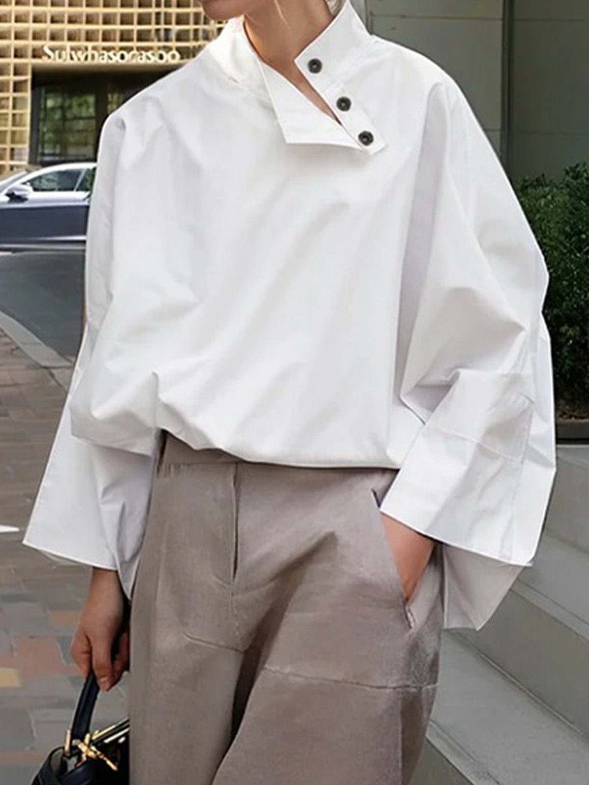 Casual Plain Buttoned Stand Collar Blouse