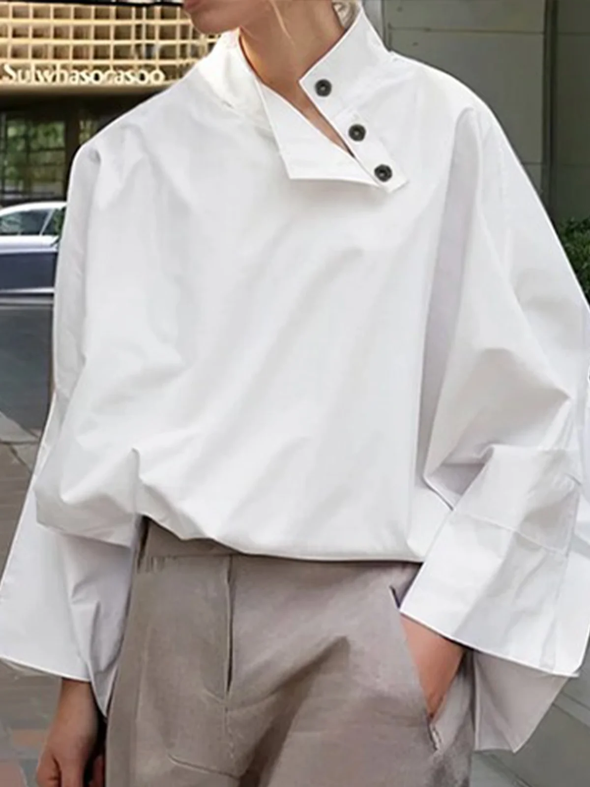 Casual Plain Buttoned Stand Collar Blouse