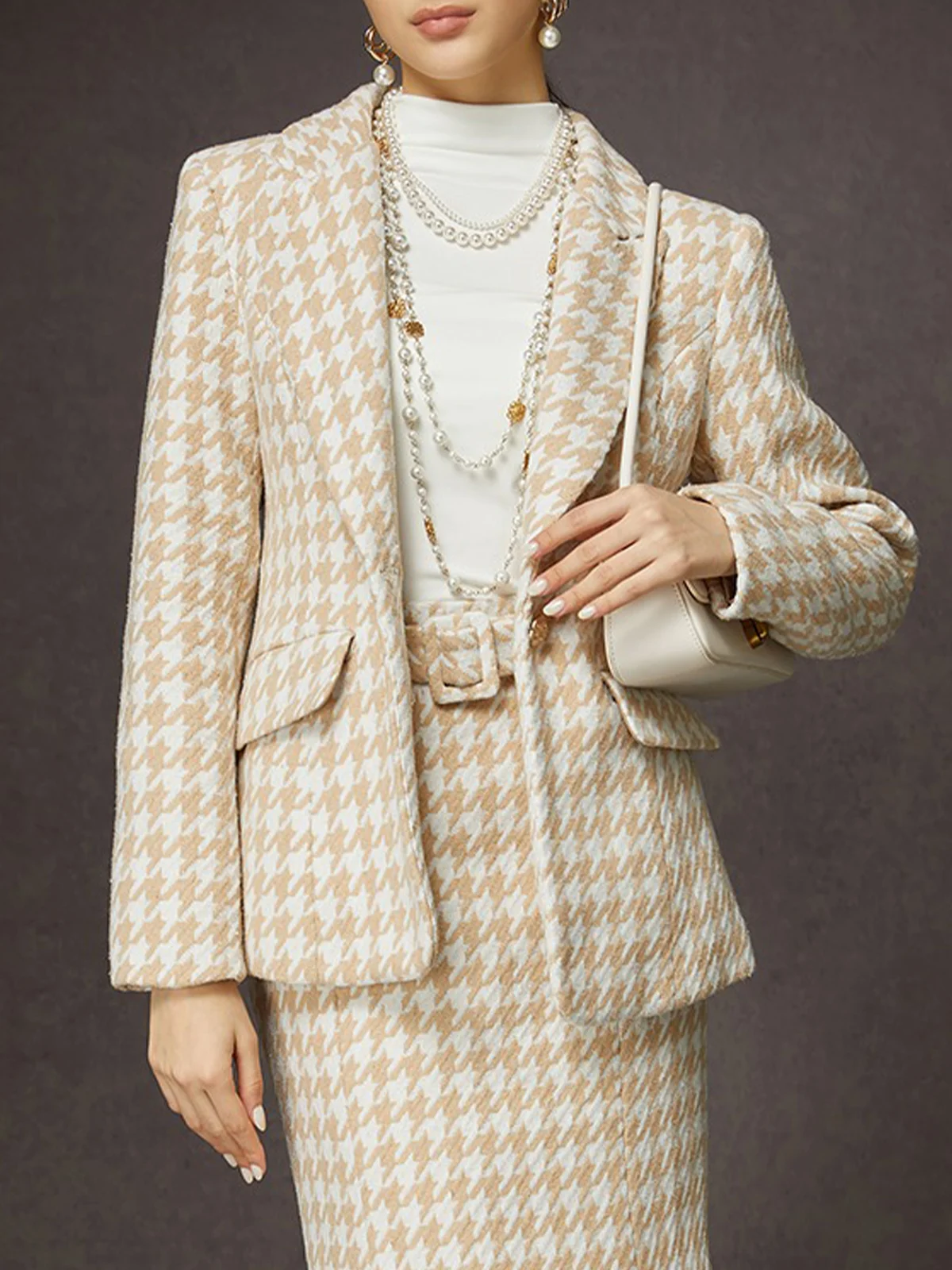 Elegant Houndstooth Lapel Collar Blazer