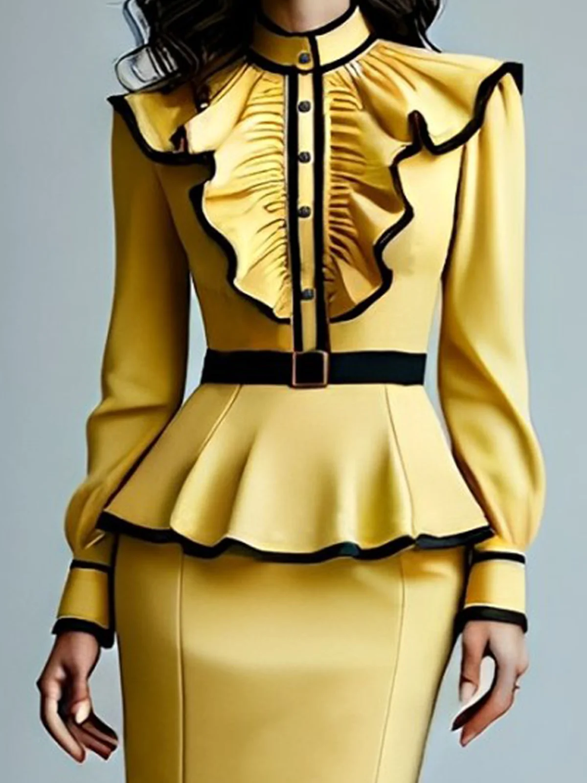 Elegant Color Block Peplum Blouse With Belt