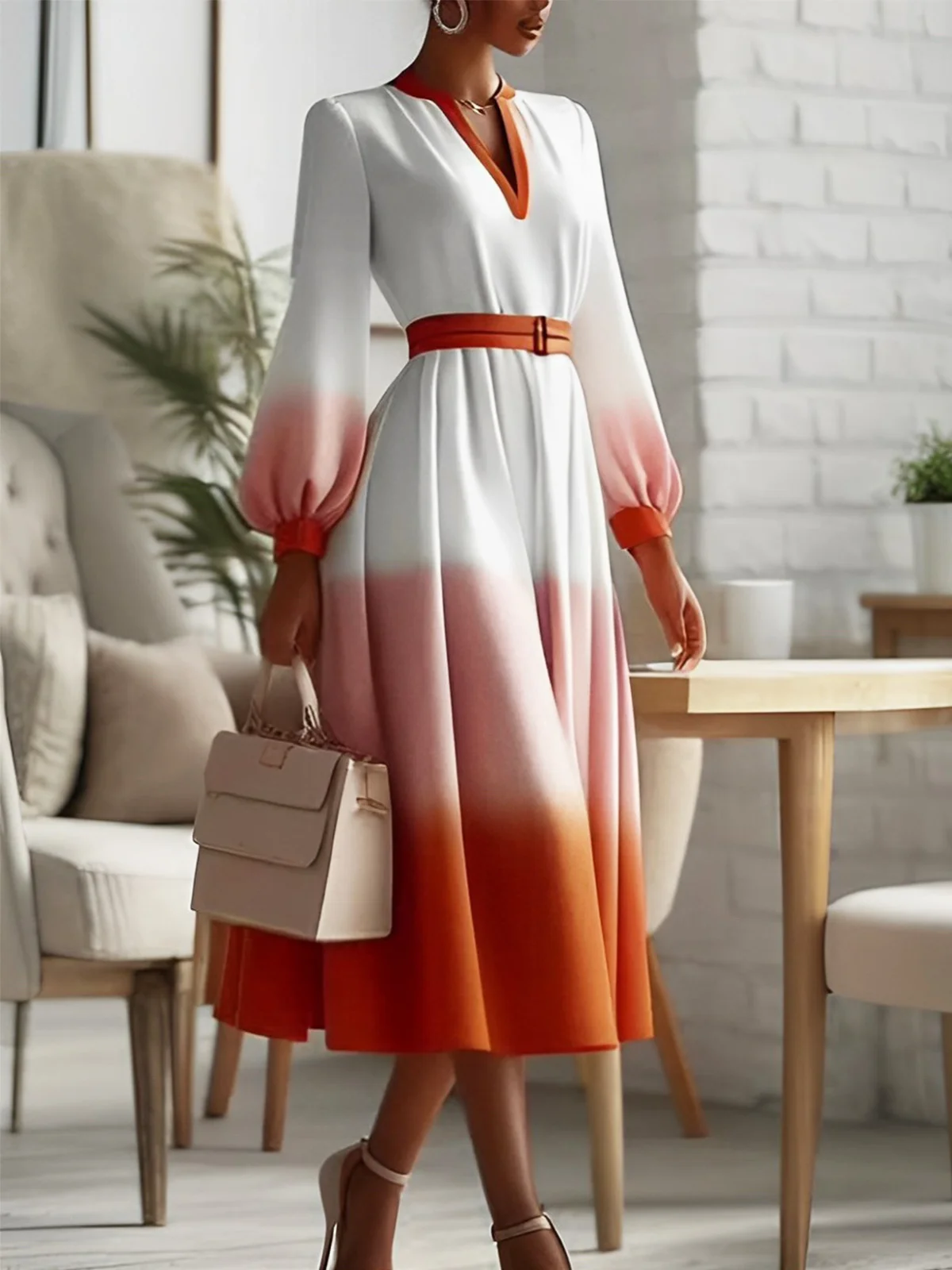 Elegant Ombre Notched Midi Dress With Belt