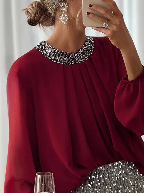 Elegant Glitter Balloon Sleeve Blouse