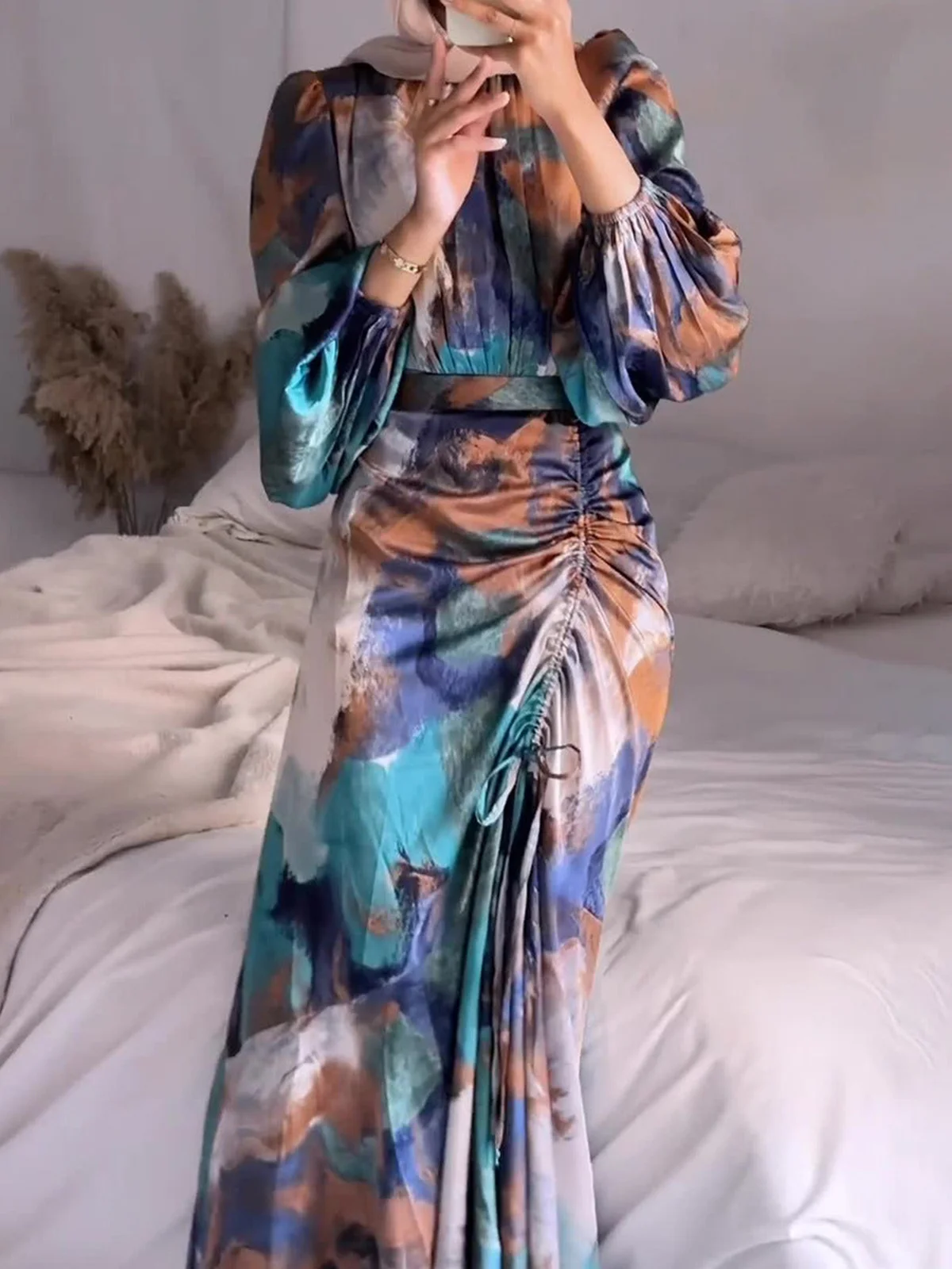 Elegant Random Print Balloon Sleeve Crew Neck Maxi Dress