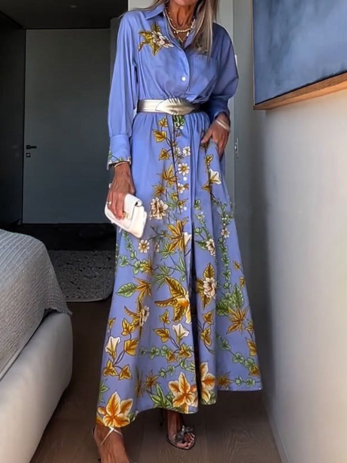 Casual Floral Shirt Collar Loosen Maxi Dress