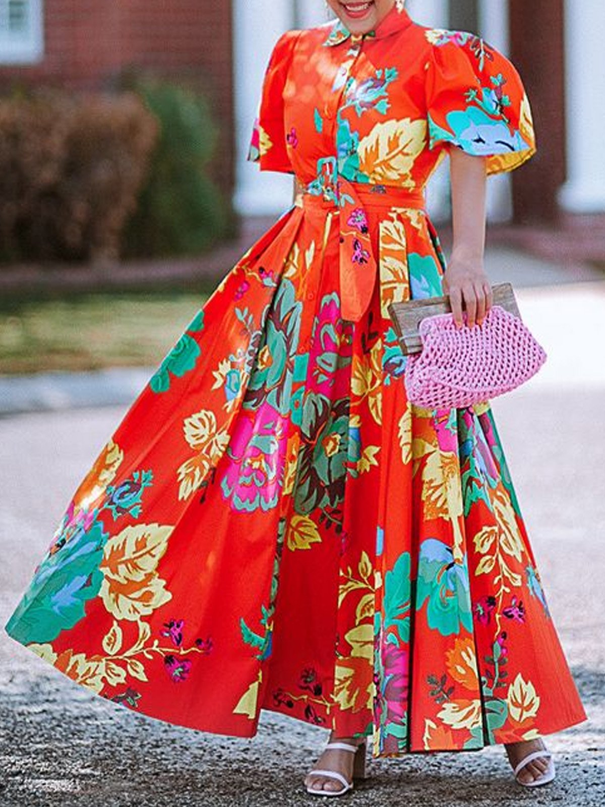 Urban Floral Puff Sleeve Maxi Shirt Dress Belt