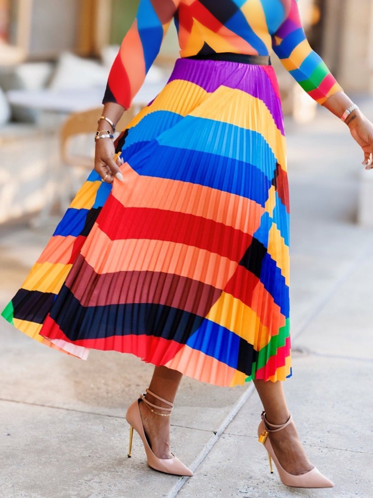 Urban Pleated Striped Maxi Skirt