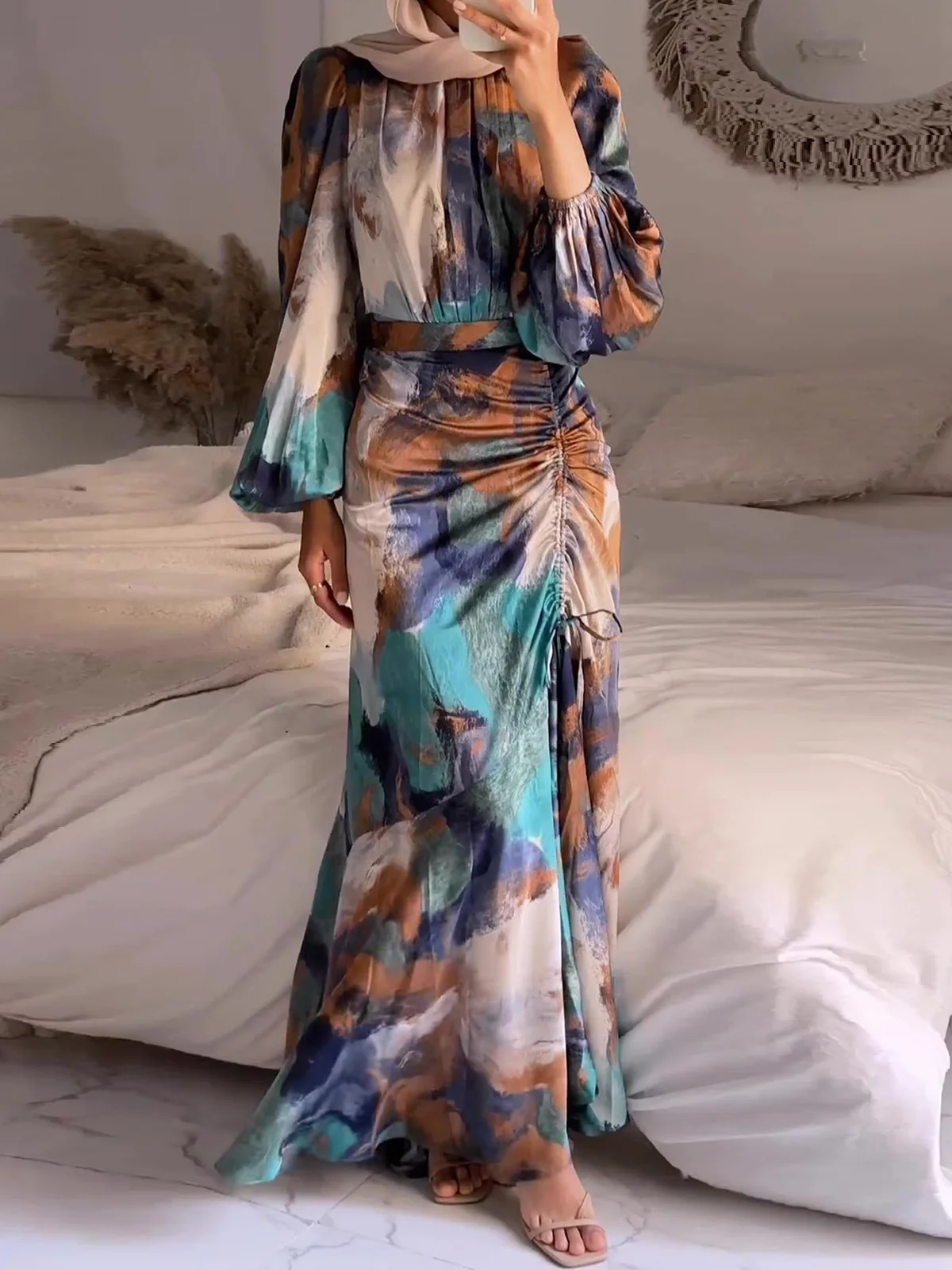 Elegant Random Print Balloon Sleeve Crew Neck Maxi Dress