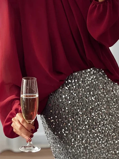 Elegant Glitter Balloon Sleeve Blouse