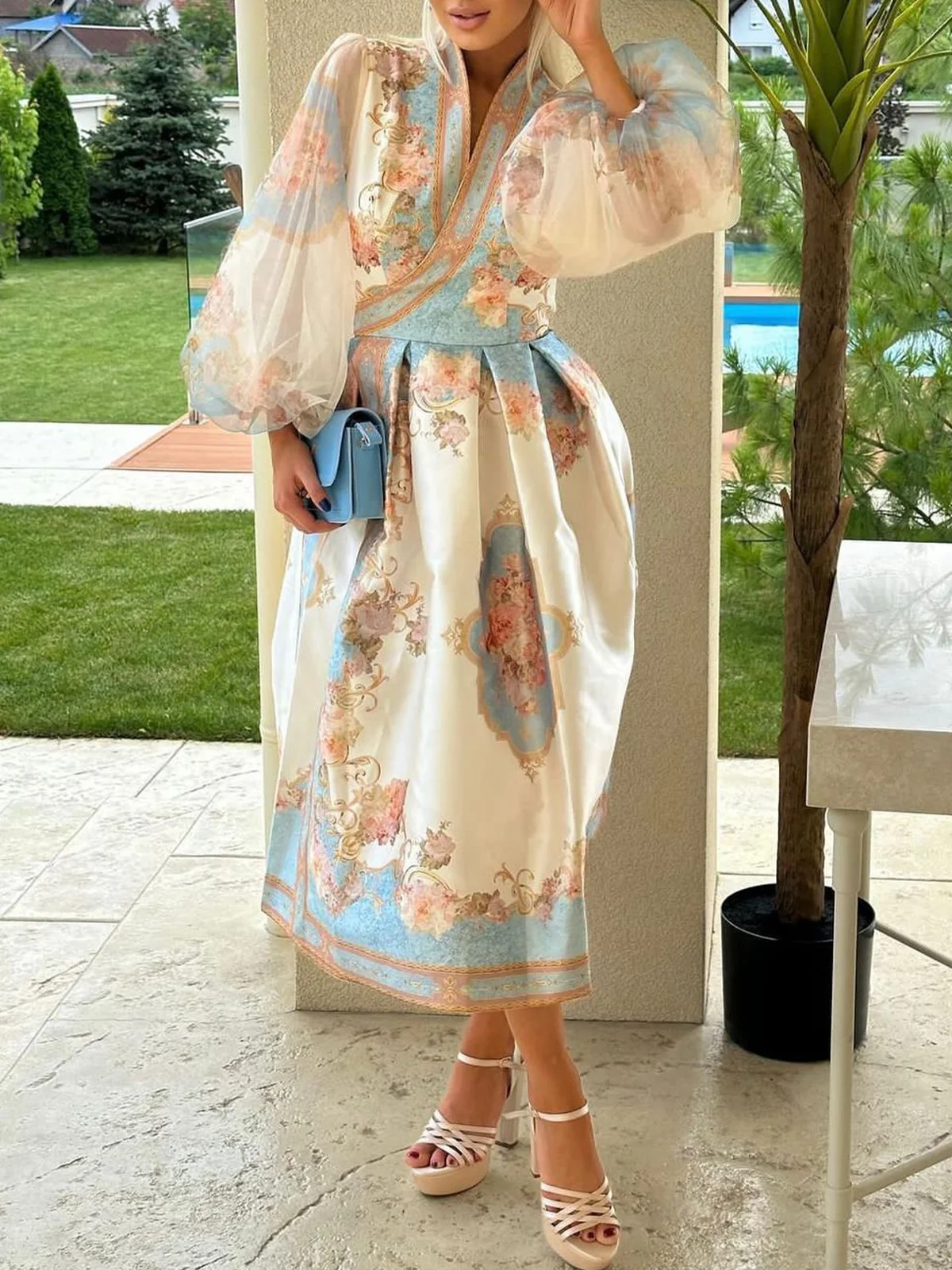 Elegant Floral Balloon Sleeve Cross Neck Maxi Dress With Belt