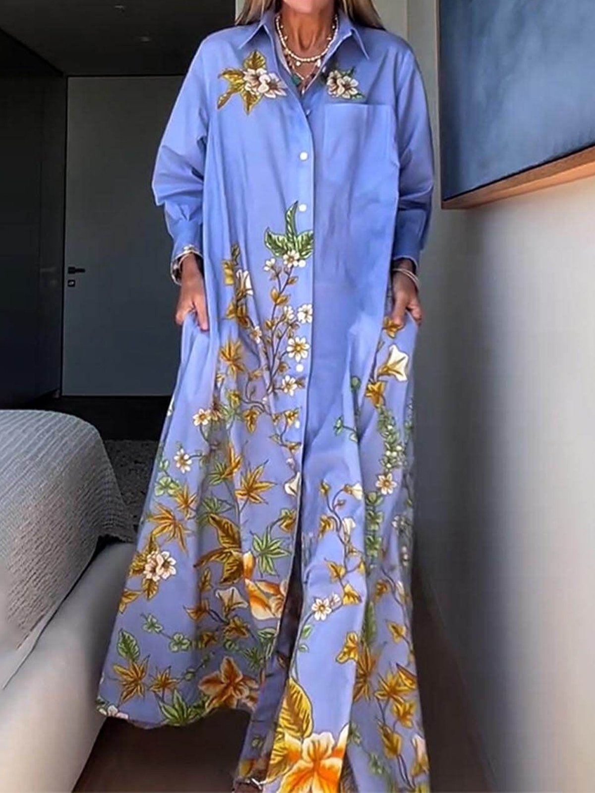 Casual Floral Shirt Collar Loosen Maxi Dress