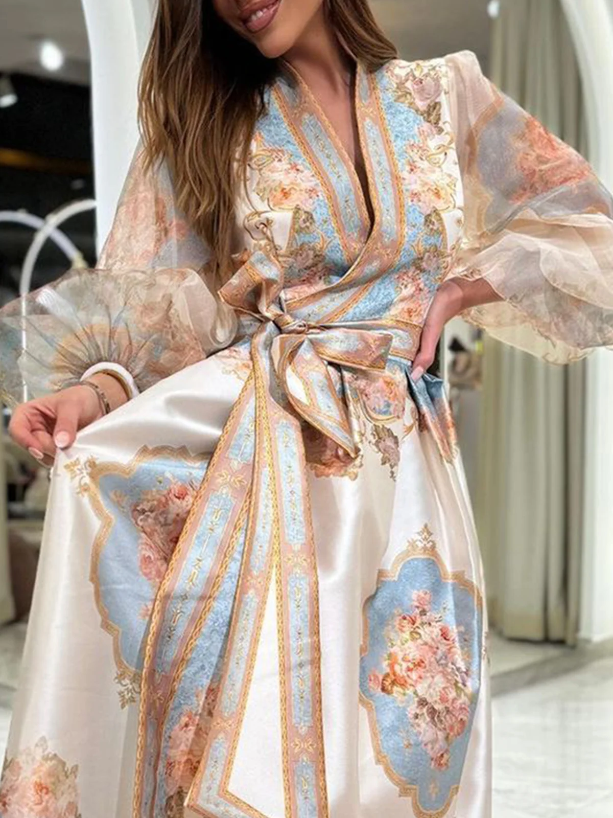 Elegant Floral Balloon Sleeve Cross Neck Maxi Dress With Belt