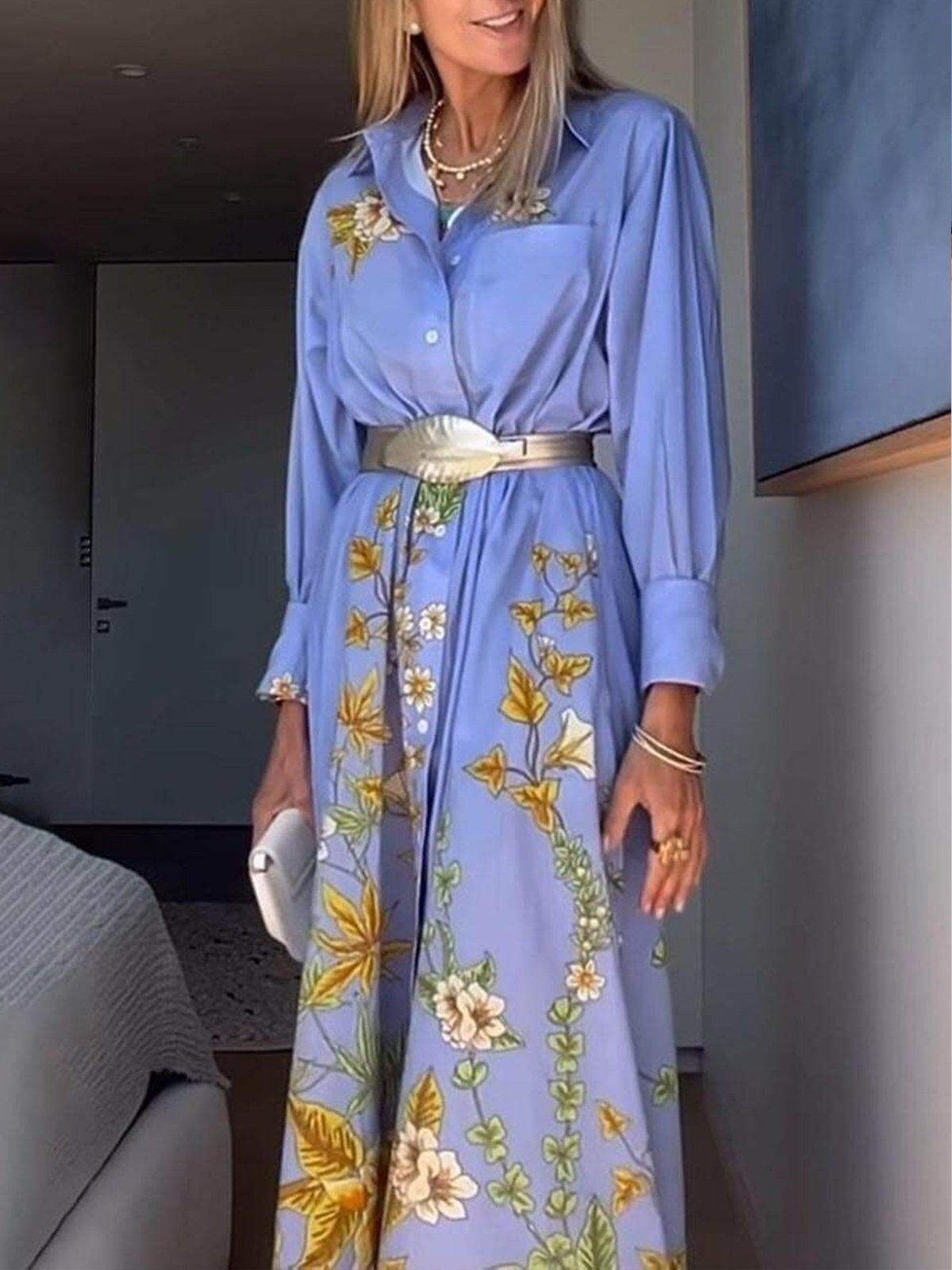 Casual Floral Shirt Collar Loosen Maxi Dress