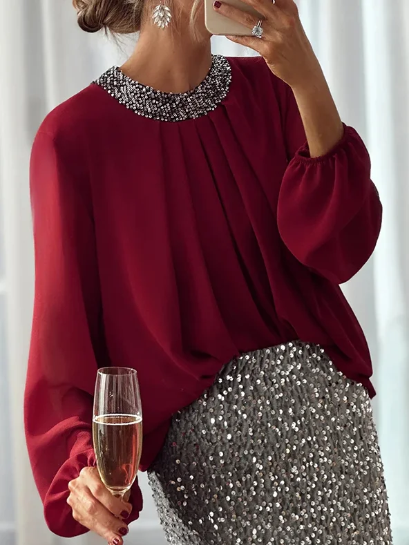 Elegant Glitter Balloon Sleeve Blouse