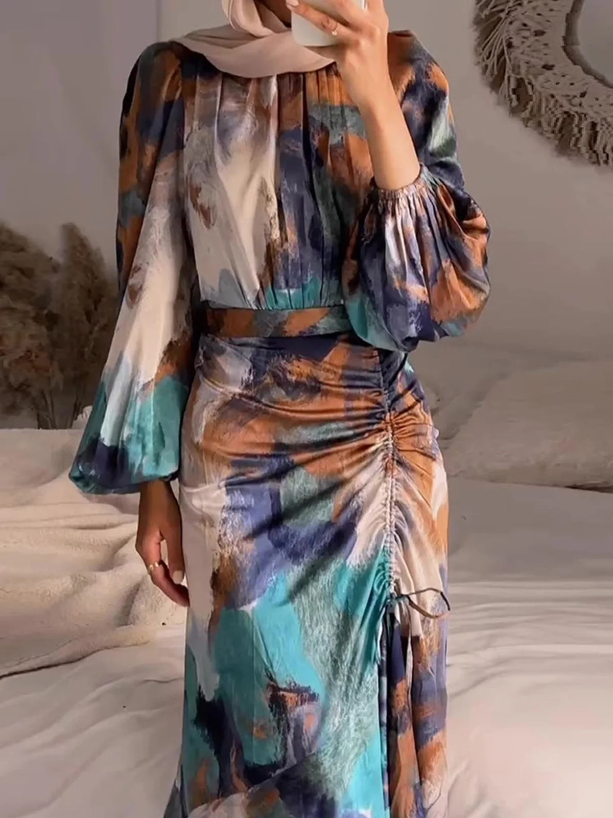 Elegant Random Print Balloon Sleeve Crew Neck Maxi Dress