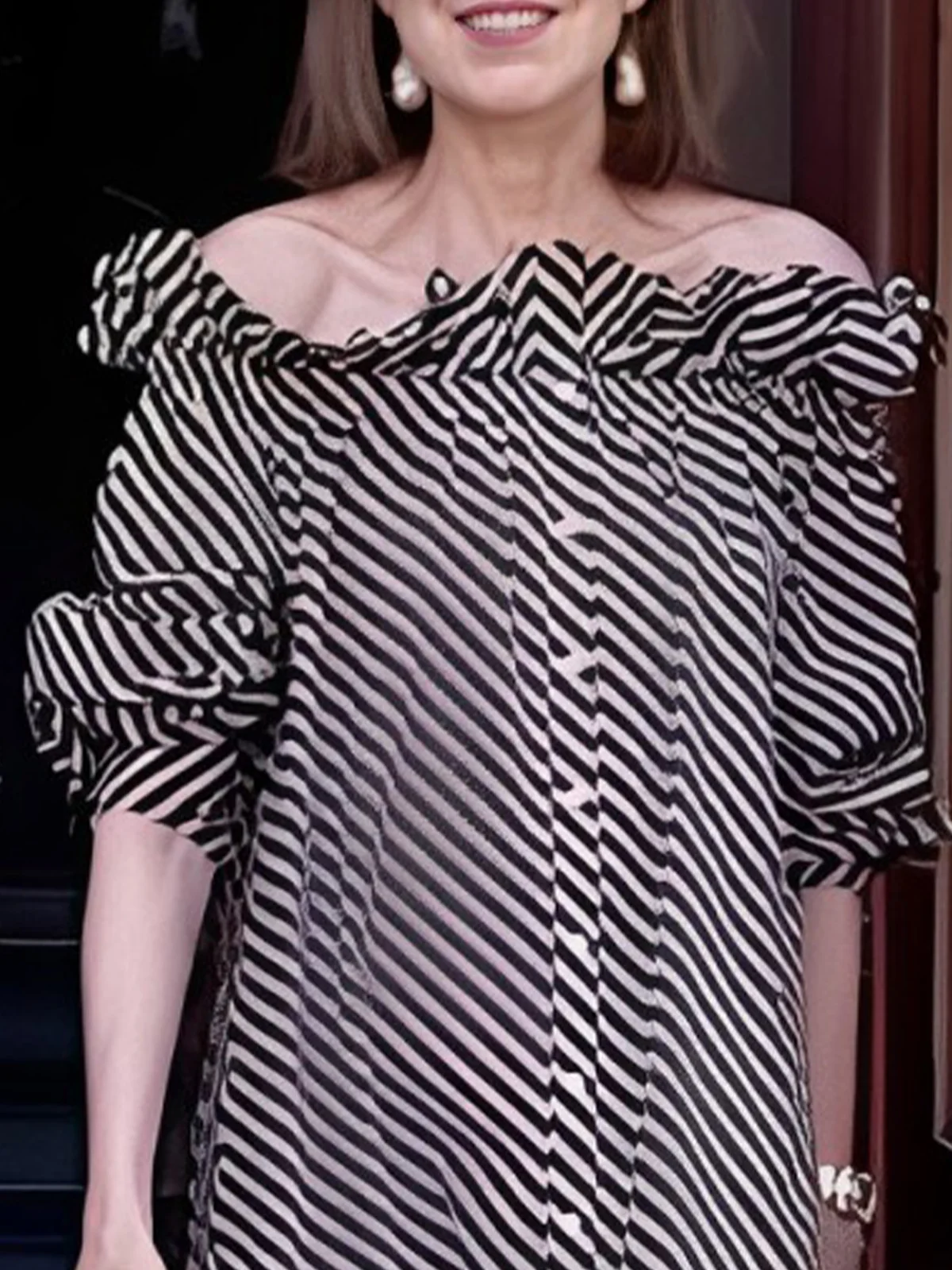 Casual Striped Ruffle Sleeve Cold Shoulder Midi Dress