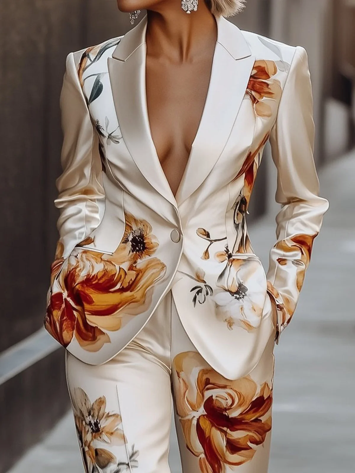 Elegant Floral Lapel Collar Blazer