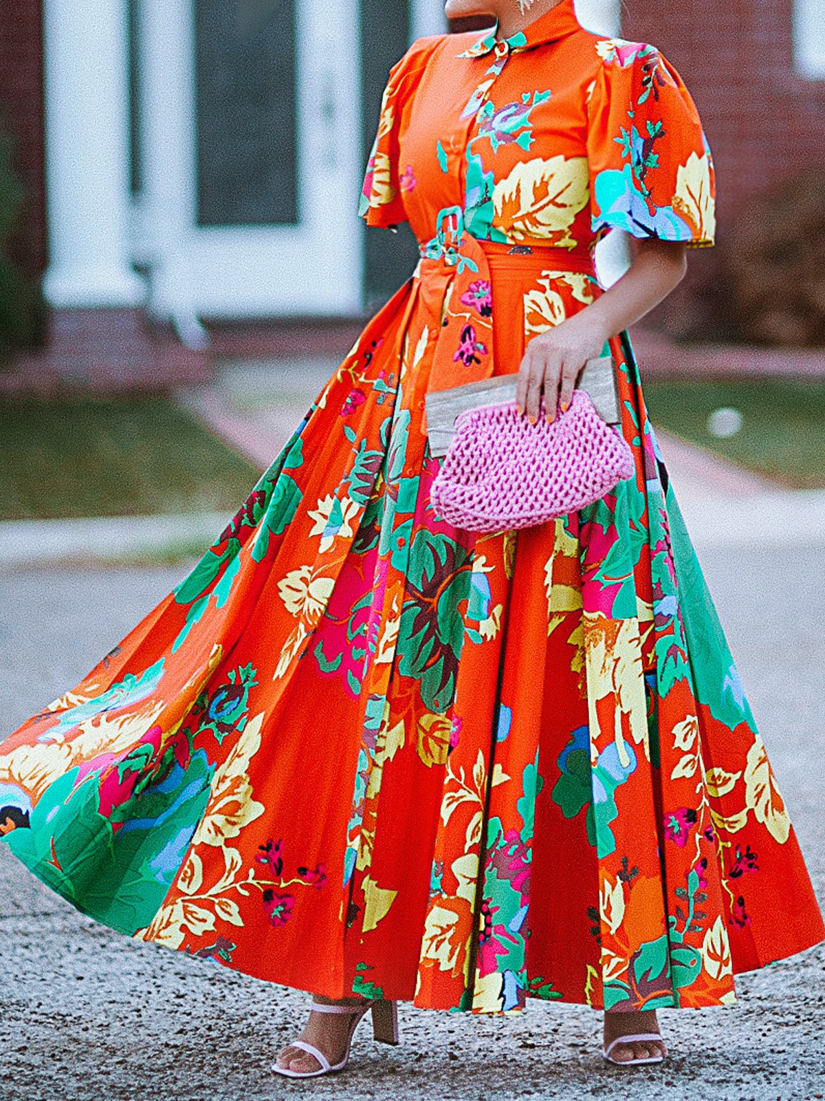 Urban Floral Puff Sleeve Maxi Shirt Dress Belt