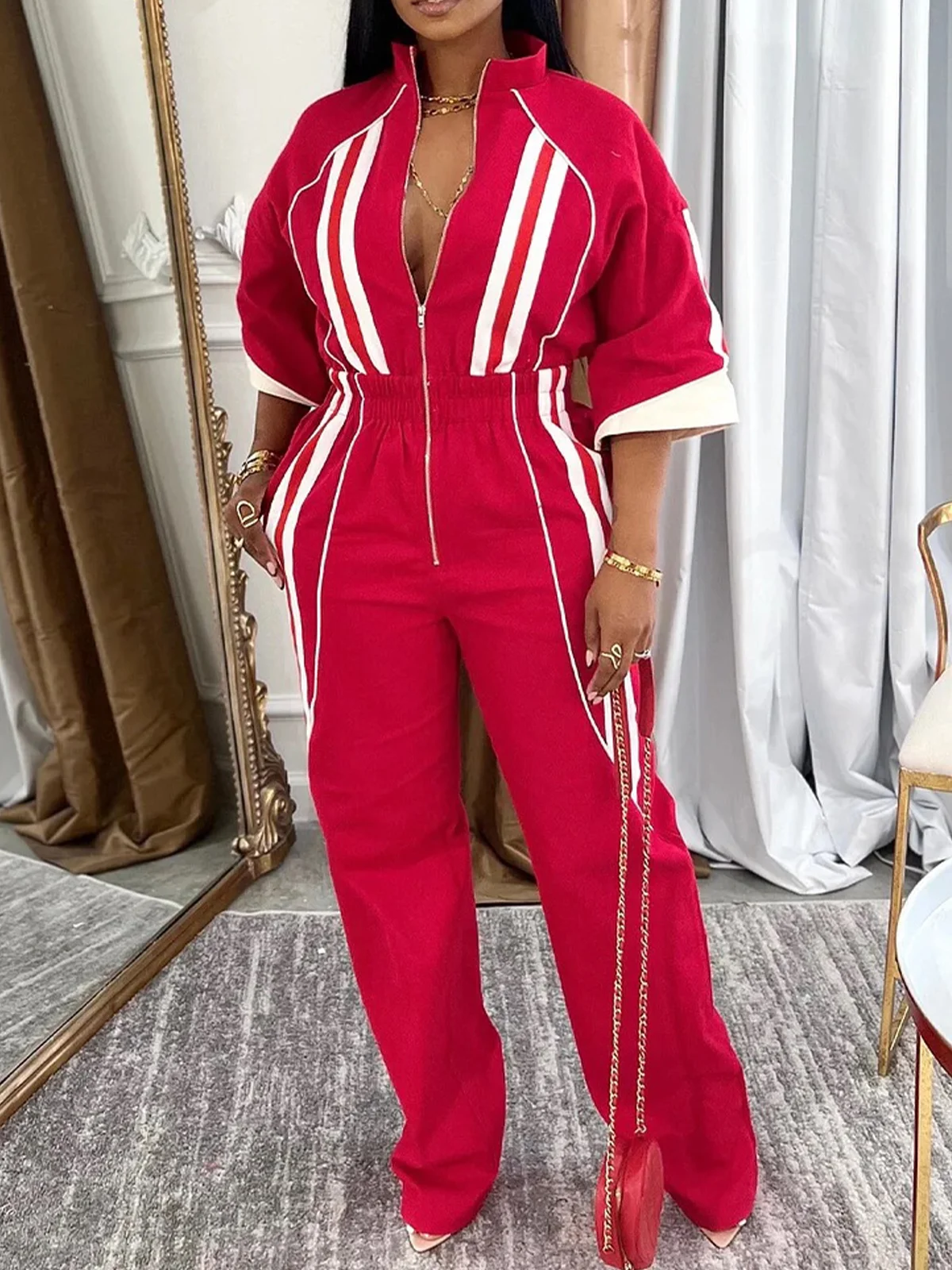 Casual Color Block Stand Collar Jumpsuit