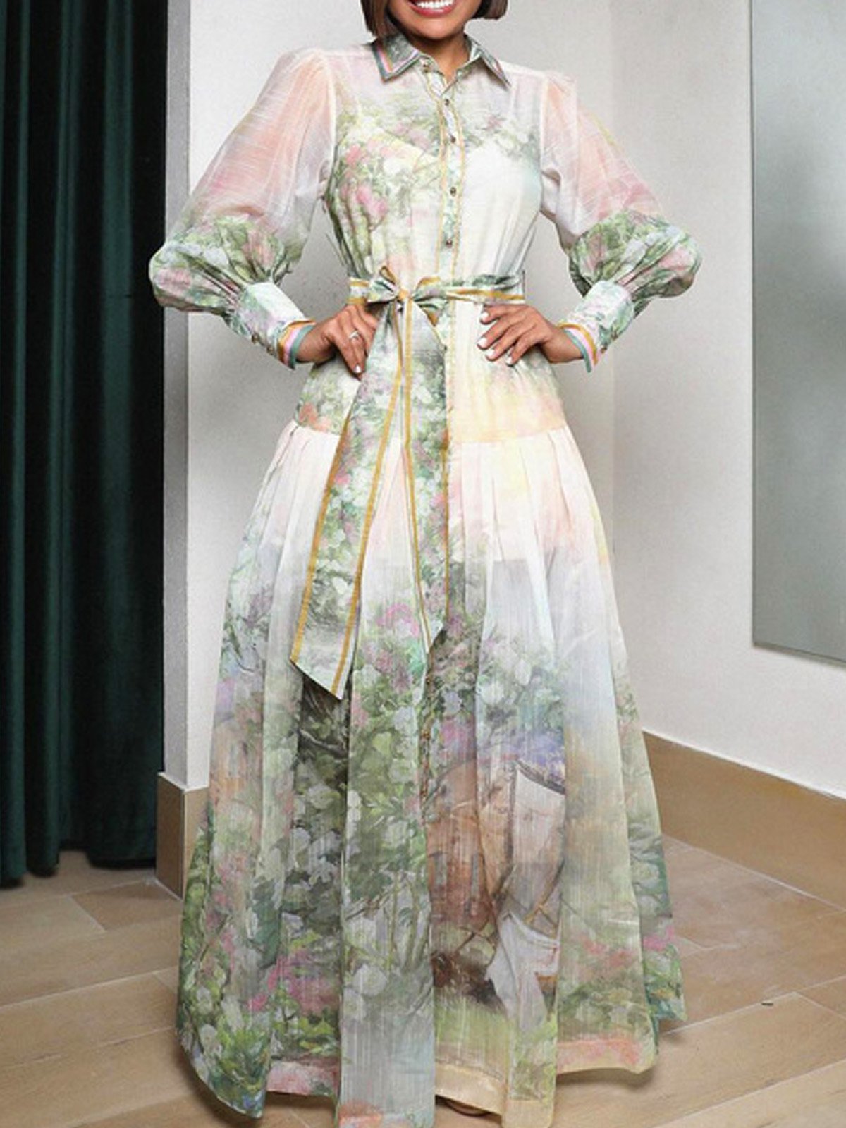 Elegant Floral Balloon Sleeve Printing Shirt Collar Maxi Dress With Belt