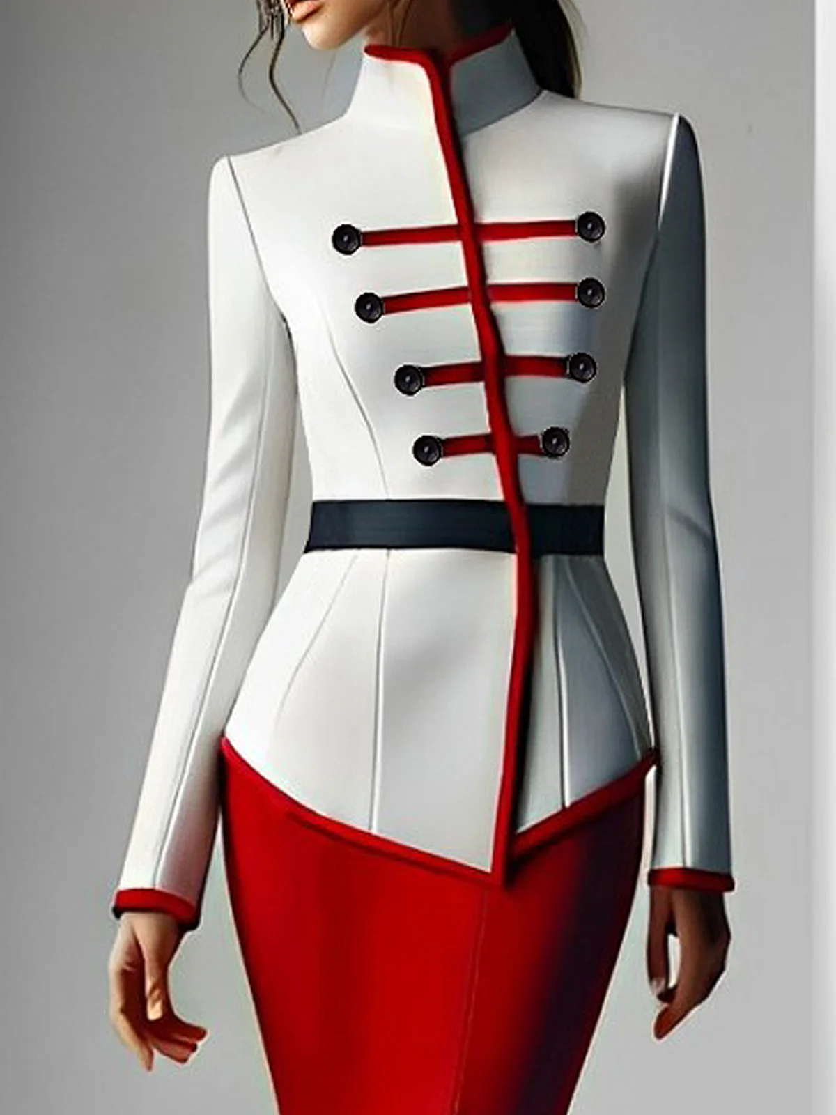 Elegant Buttoned Color Block Stand Collar Jacket