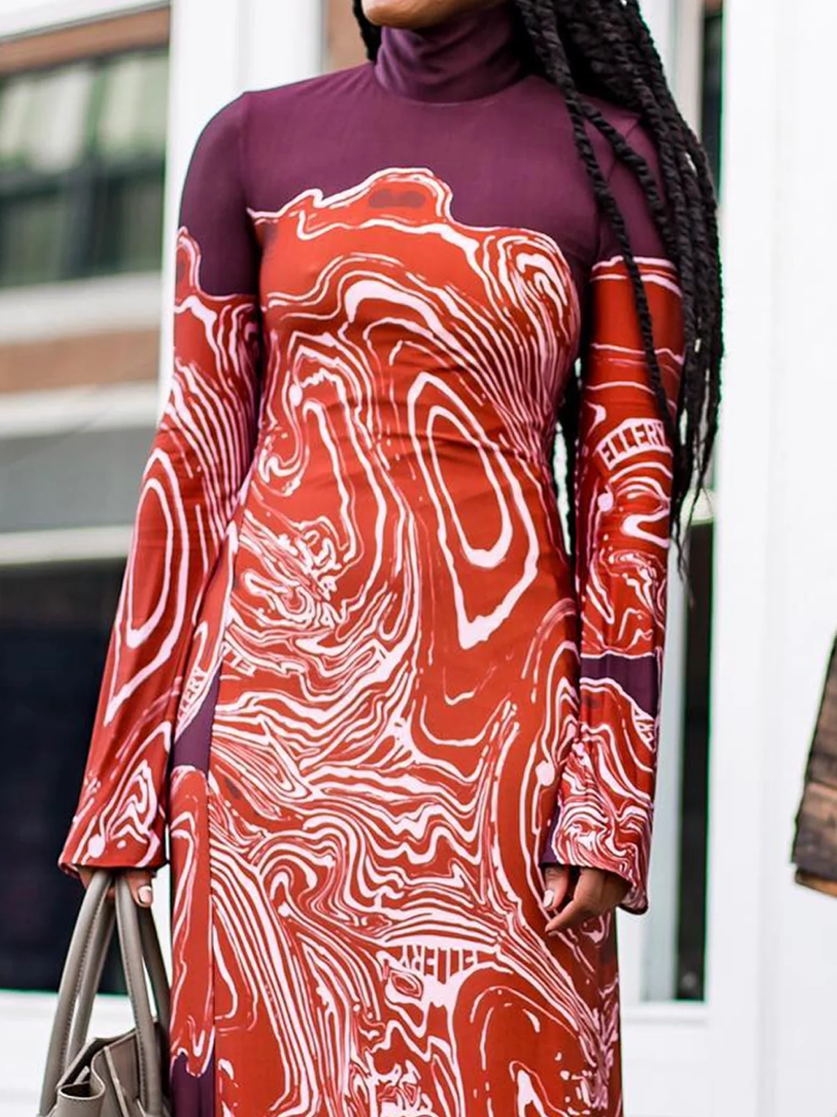 Urban Abstract Printing Turtleneck Midi Dress