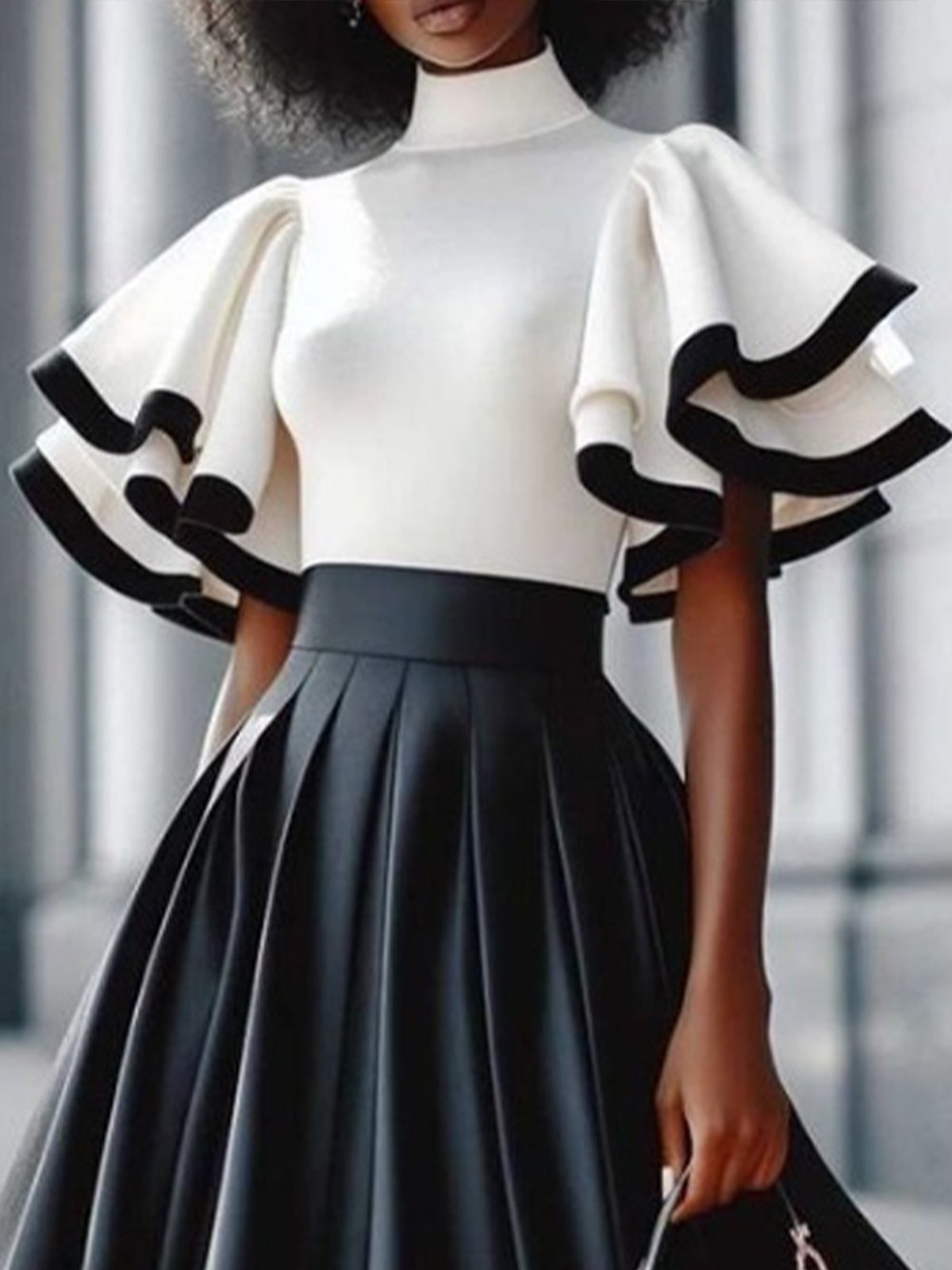 Elegant Color Block Turtleneck Ruffle Sleeve Blouse