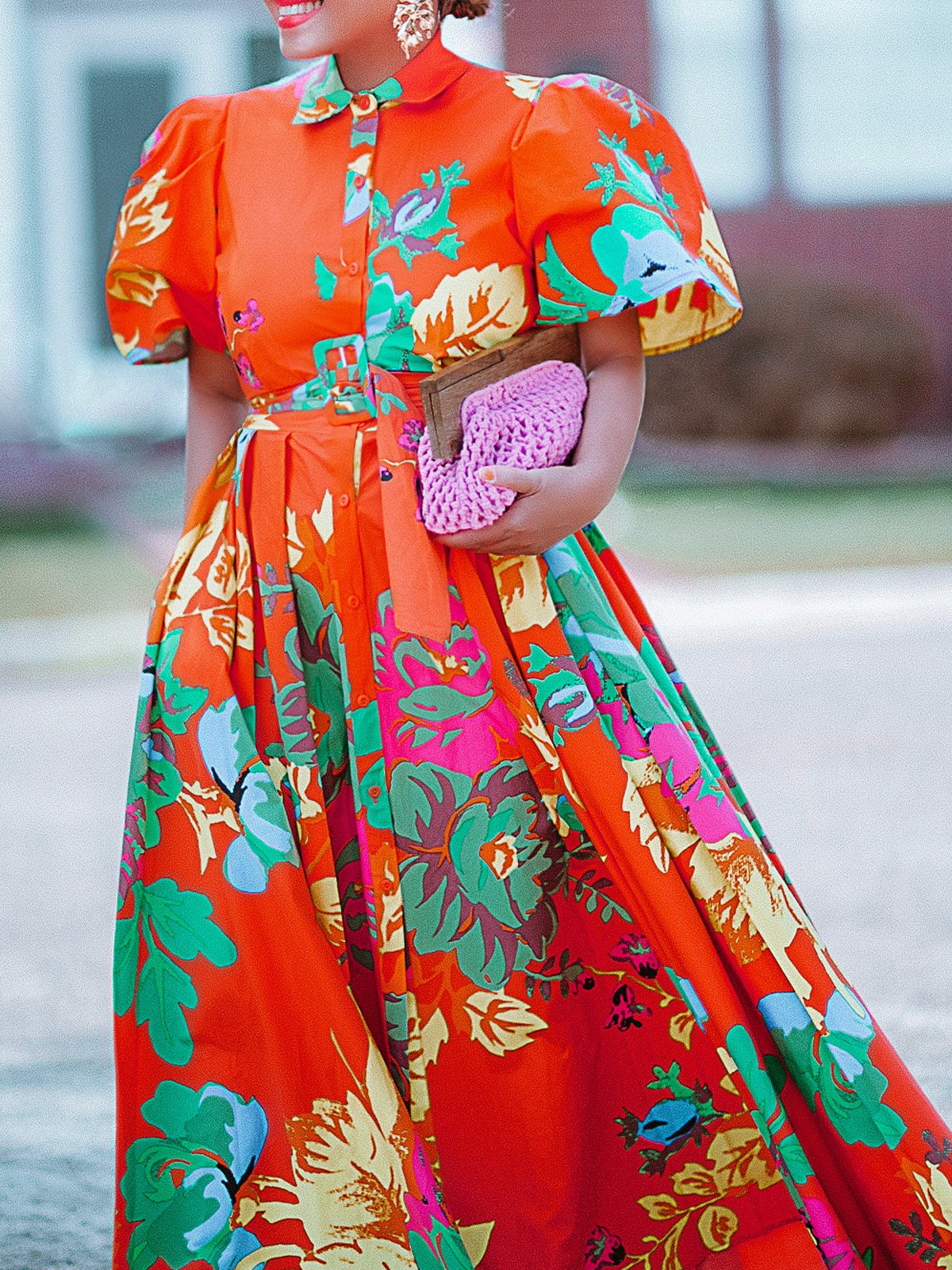 Urban Floral Puff Sleeve Maxi Shirt Dress Belt