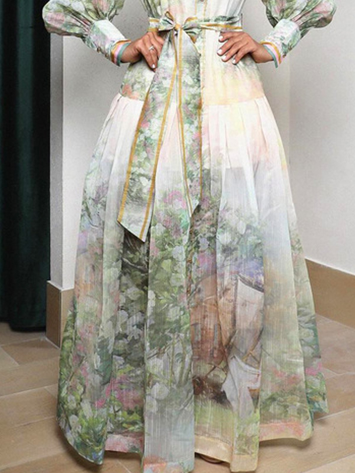 Elegant Floral Balloon Sleeve Printing Shirt Collar Maxi Dress With Belt