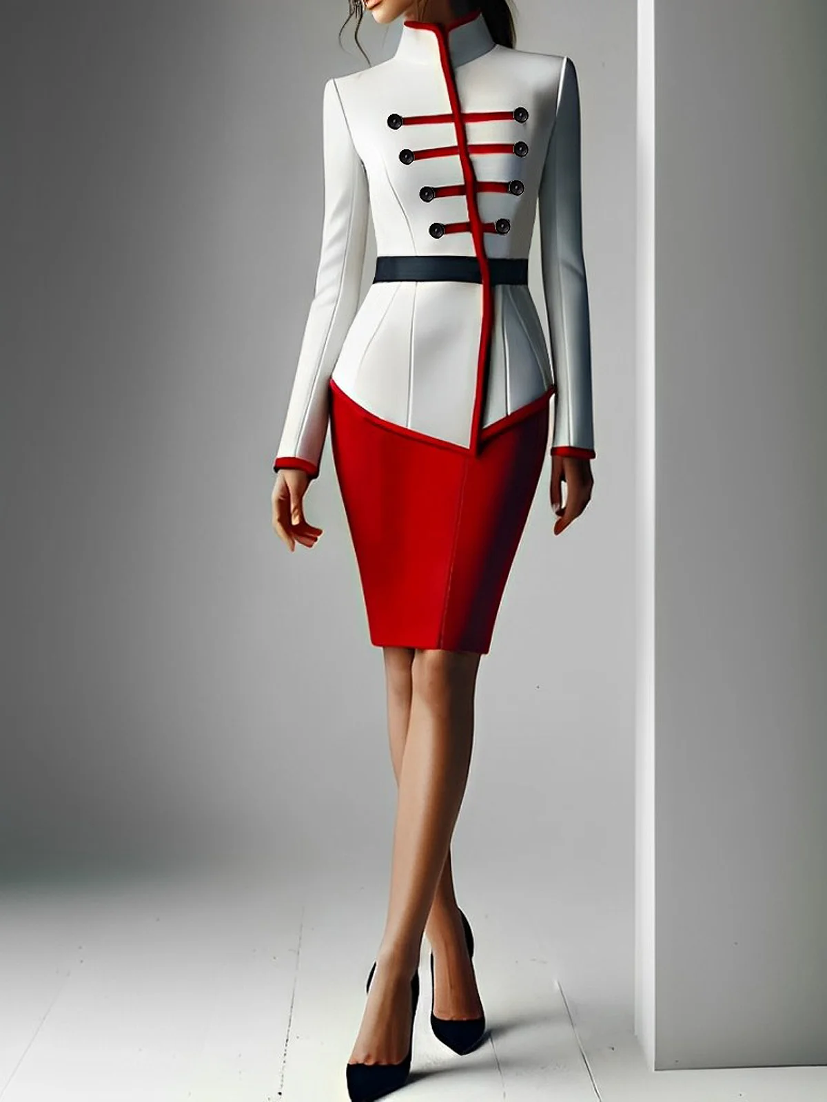 Elegant Buttoned Color Block Stand Collar Jacket