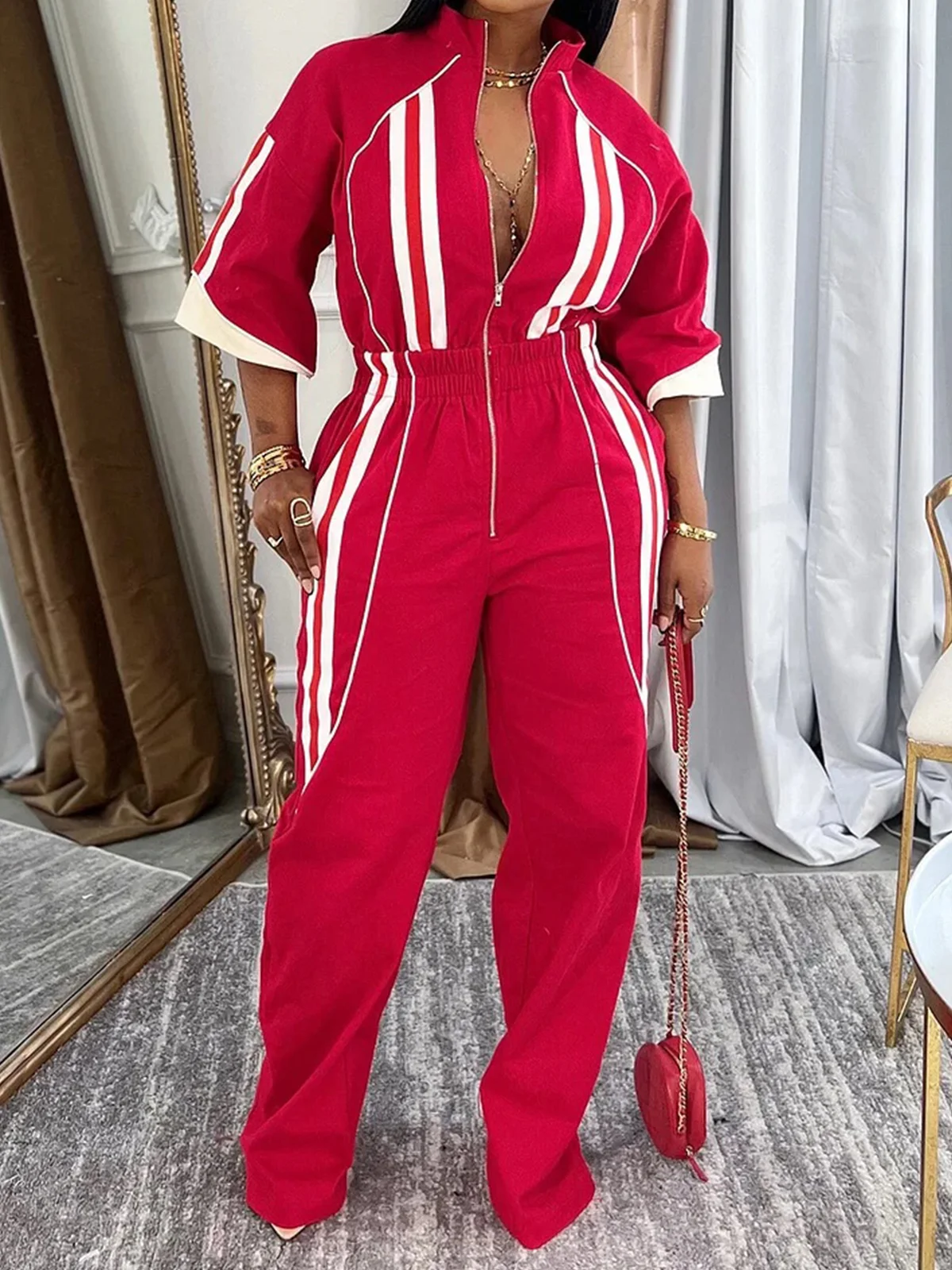 Casual Color Block Stand Collar Jumpsuit