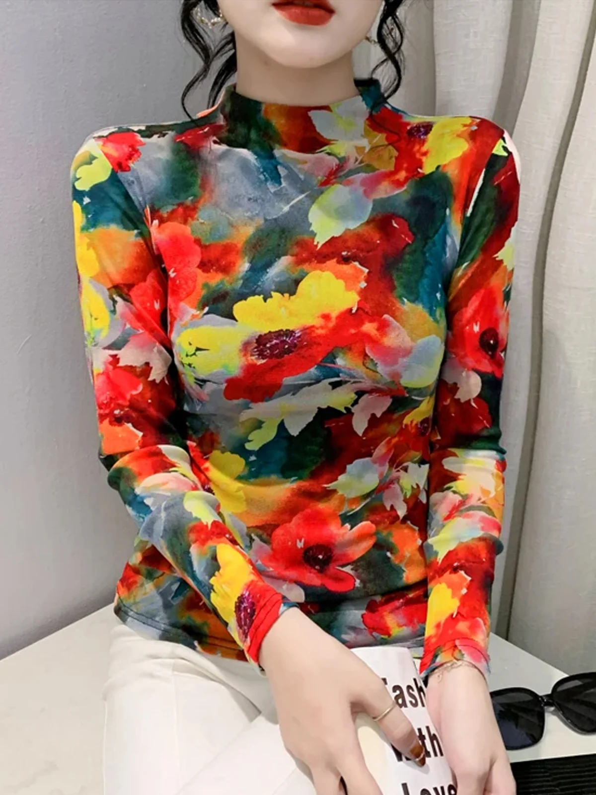 Casual Floral Printing Mock Neck T-shirt