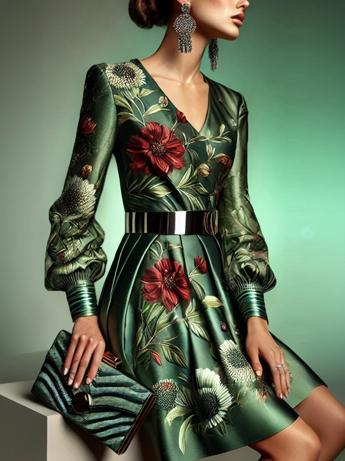 Elegant Floral Balloon Sleeve Printing Dress With No Belt