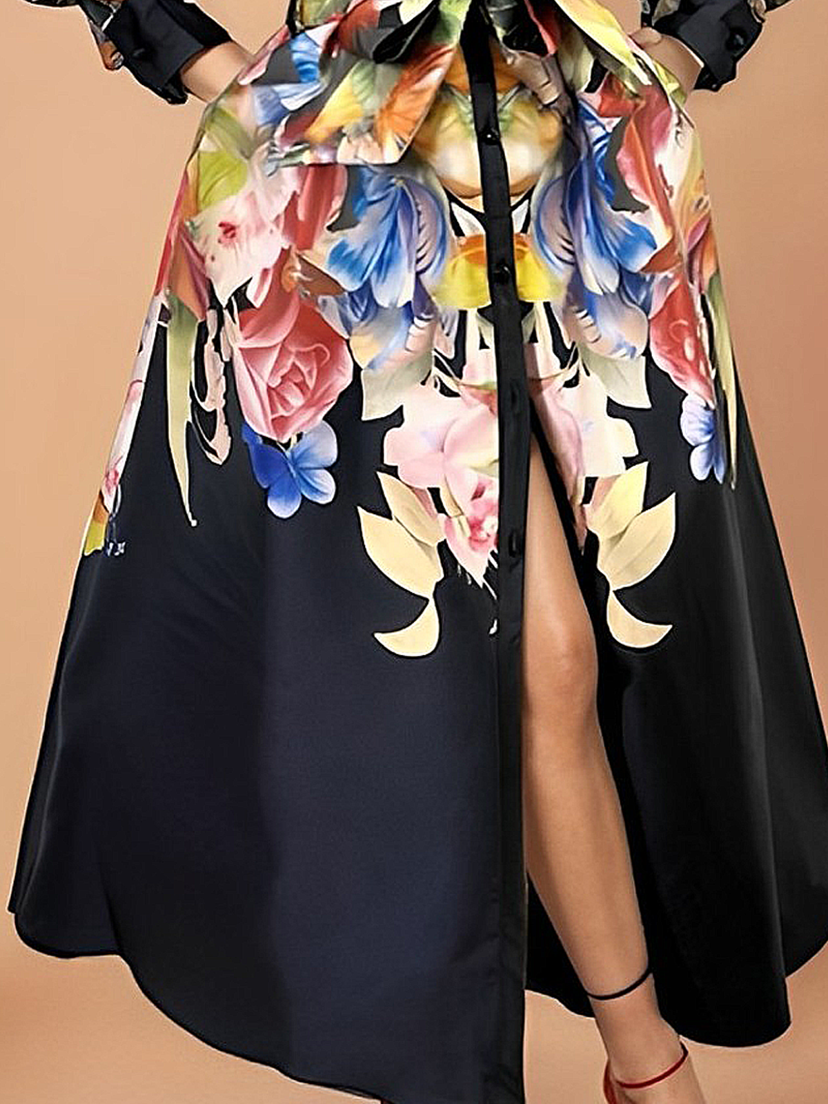 Elegant Floral  Shirt Collar Maxi Dress With Belt