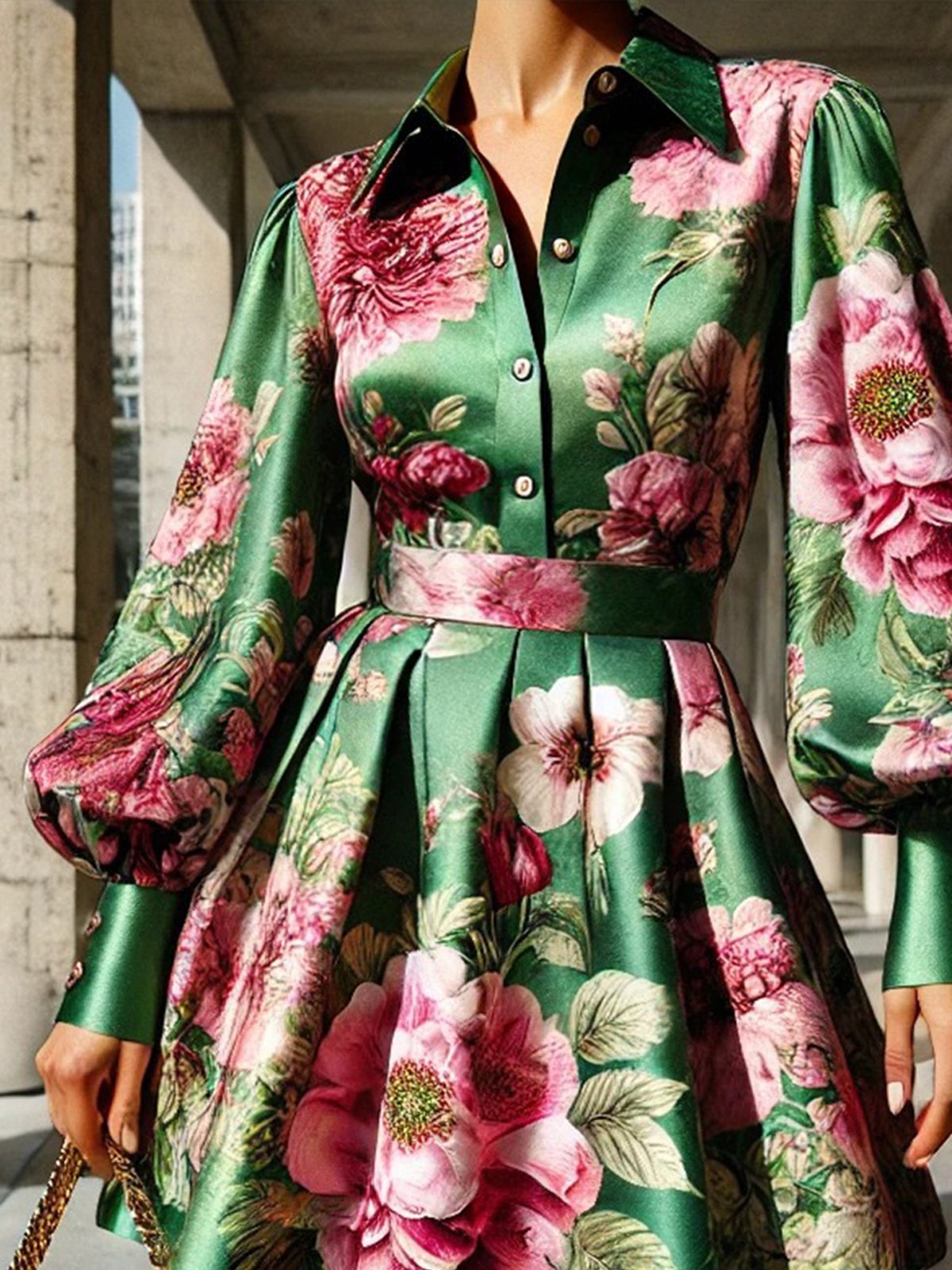 Elegant Floral Shirt Collar Mini Dress