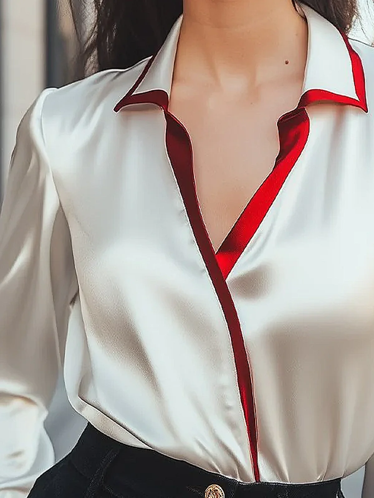 Satin Urban Color Block Split Joint Shirt Collar Blouse