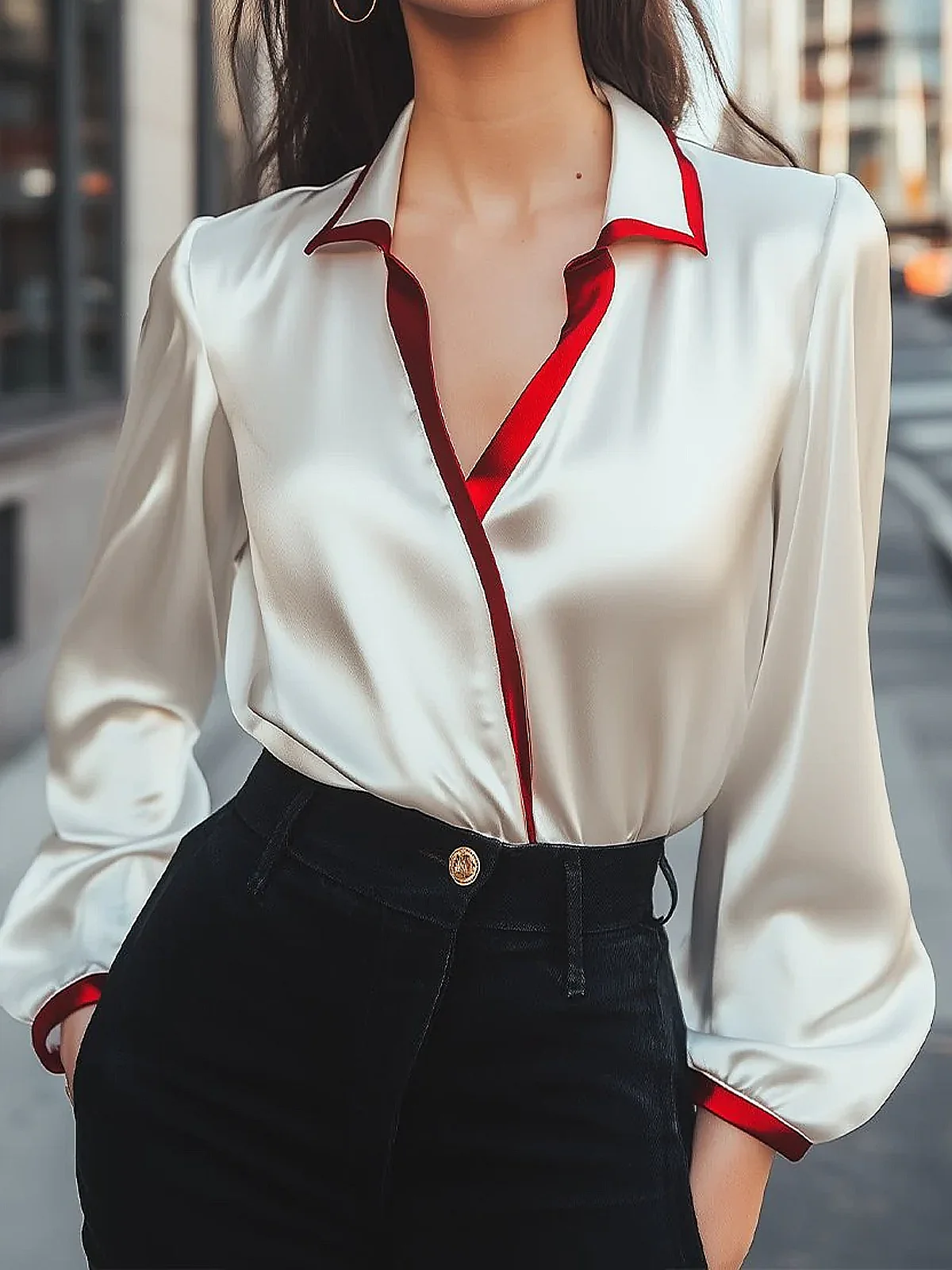 Satin Urban Color Block Split Joint Shirt Collar Blouse