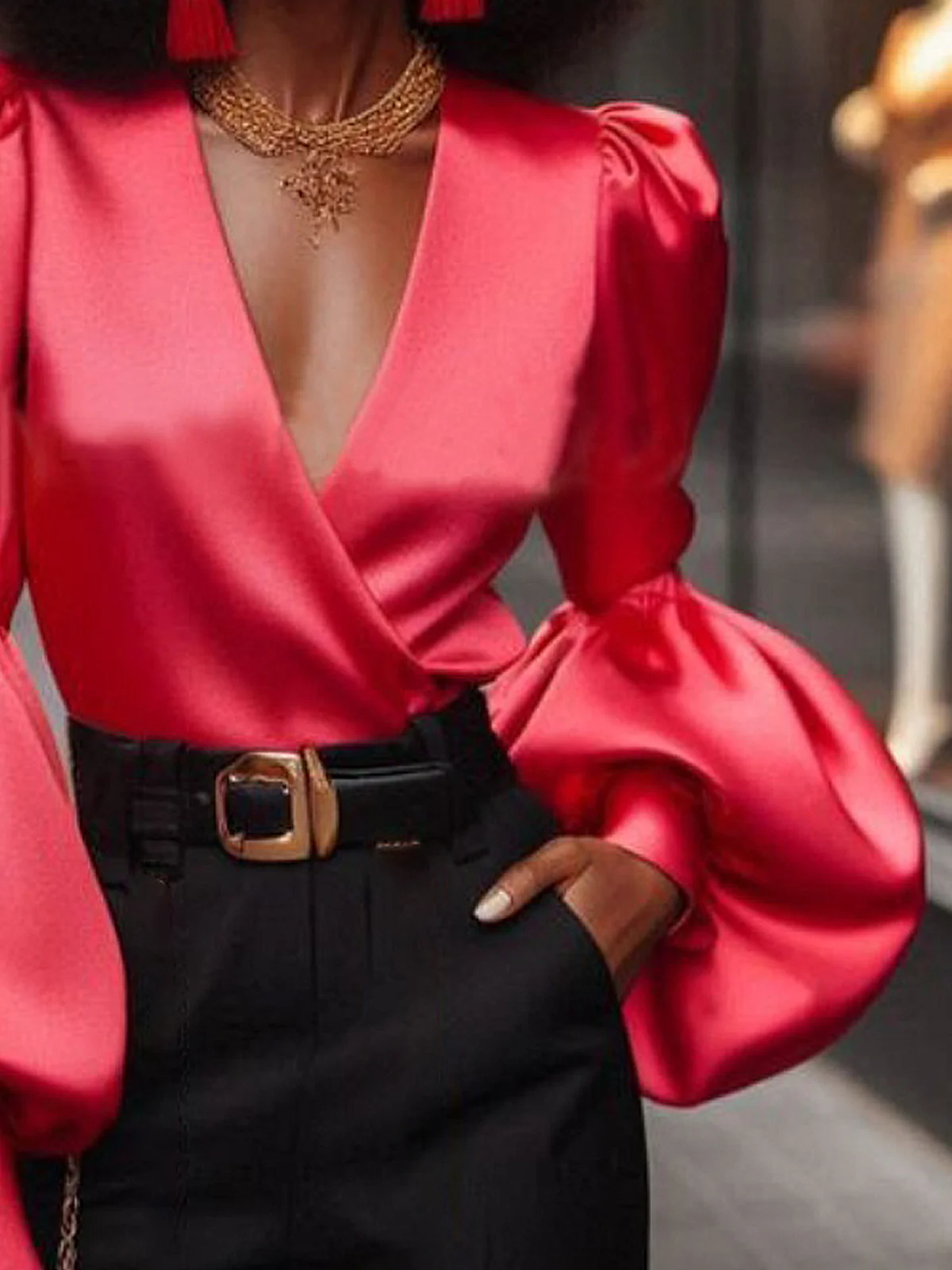 Satin Elegant Plain  Balloon Sleeve Blouse