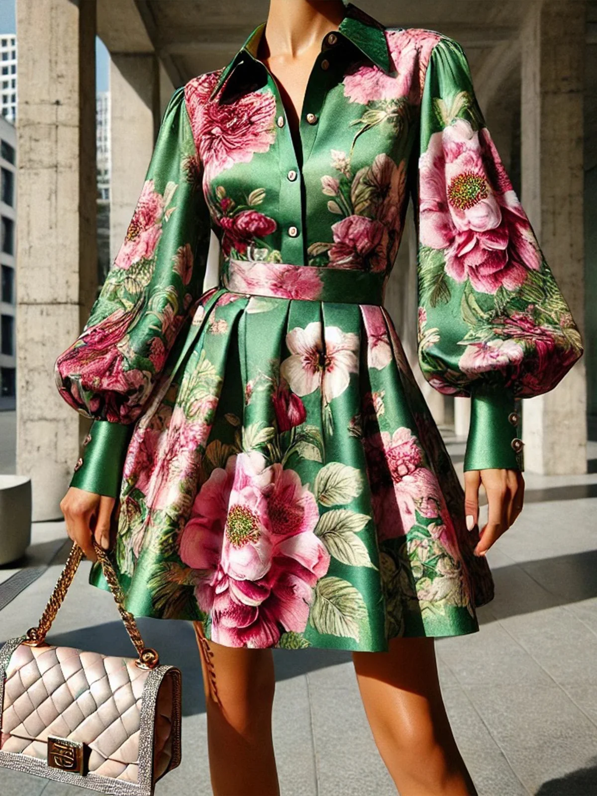 Elegant Floral Shirt Collar Mini Dress