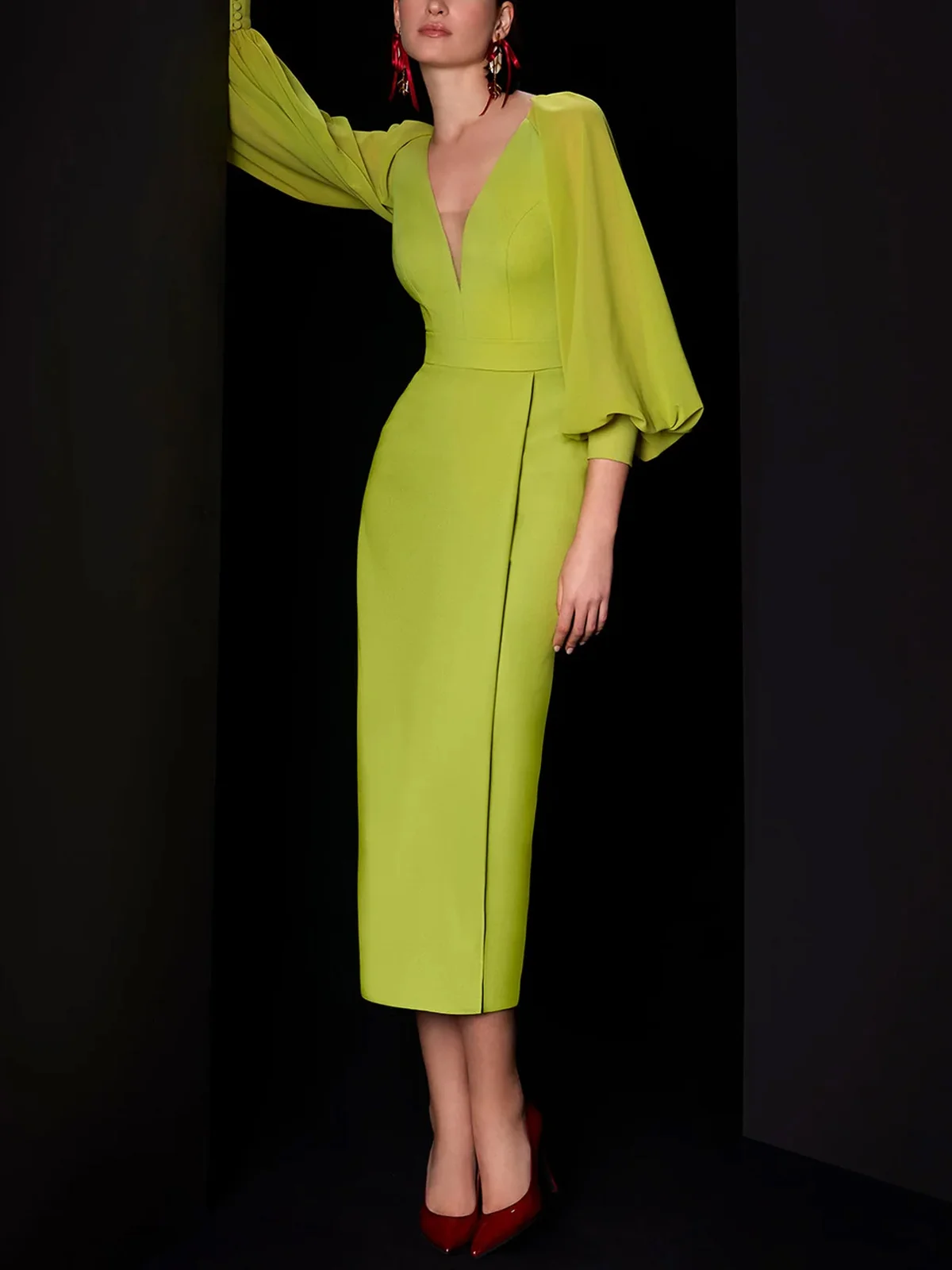 Elegant Balloon Sleeve Split Joint V Neck Midi Dress