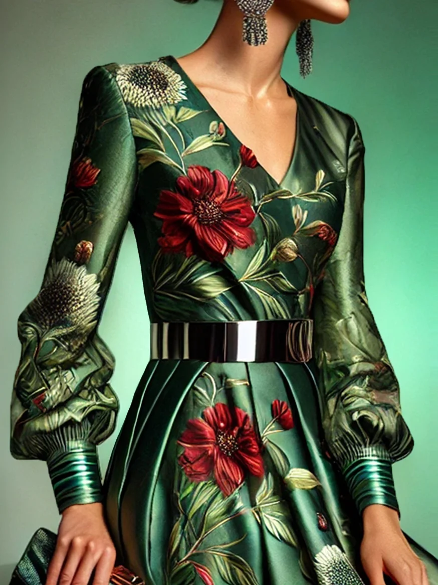 Elegant Floral Balloon Sleeve Printing Dress With No Belt