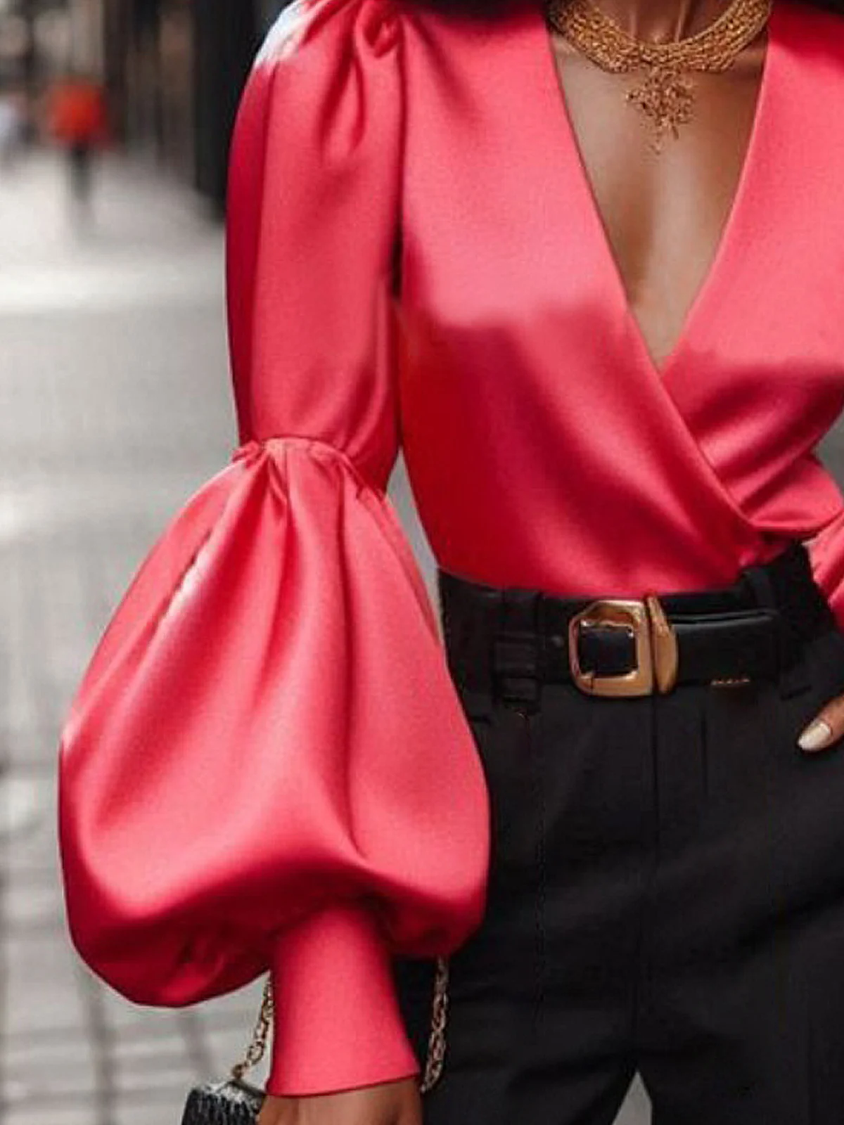 Satin Elegant Plain  Balloon Sleeve Blouse