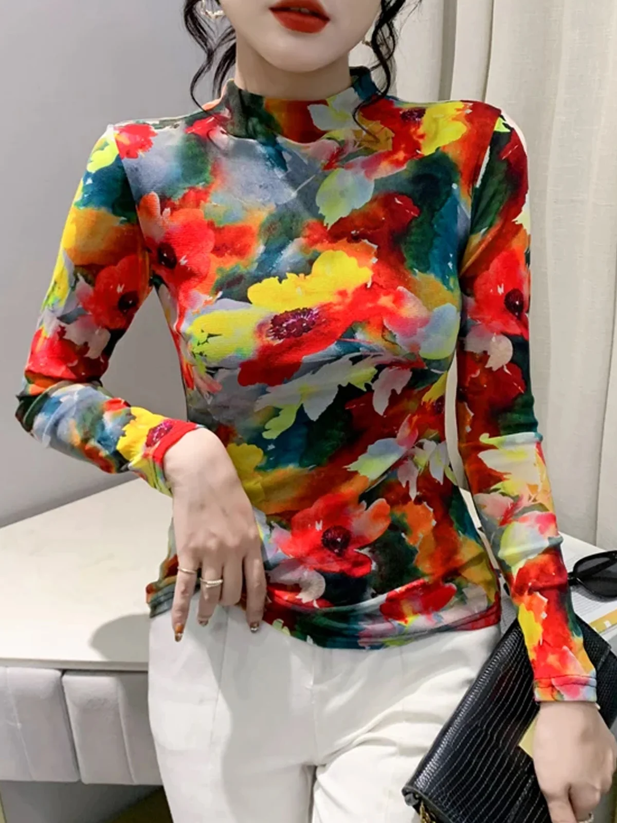 Casual Floral Printing Mock Neck T-shirt