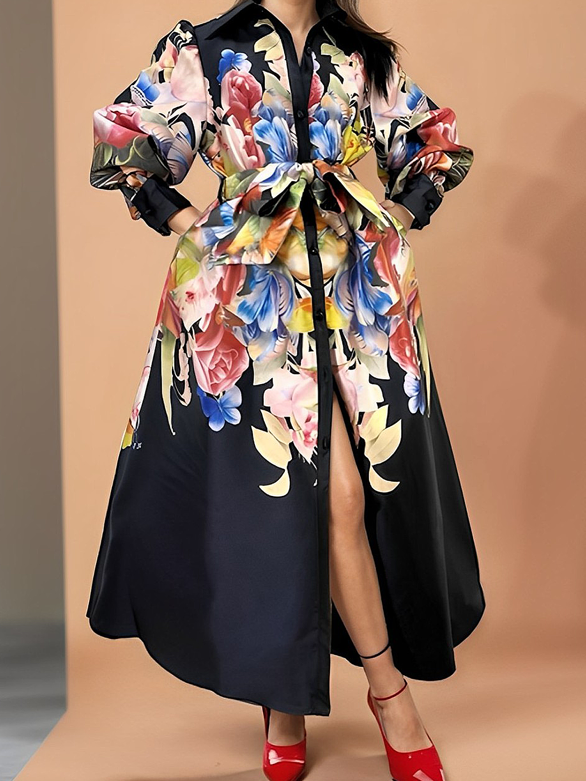 Elegant Floral  Shirt Collar Maxi Dress With Belt