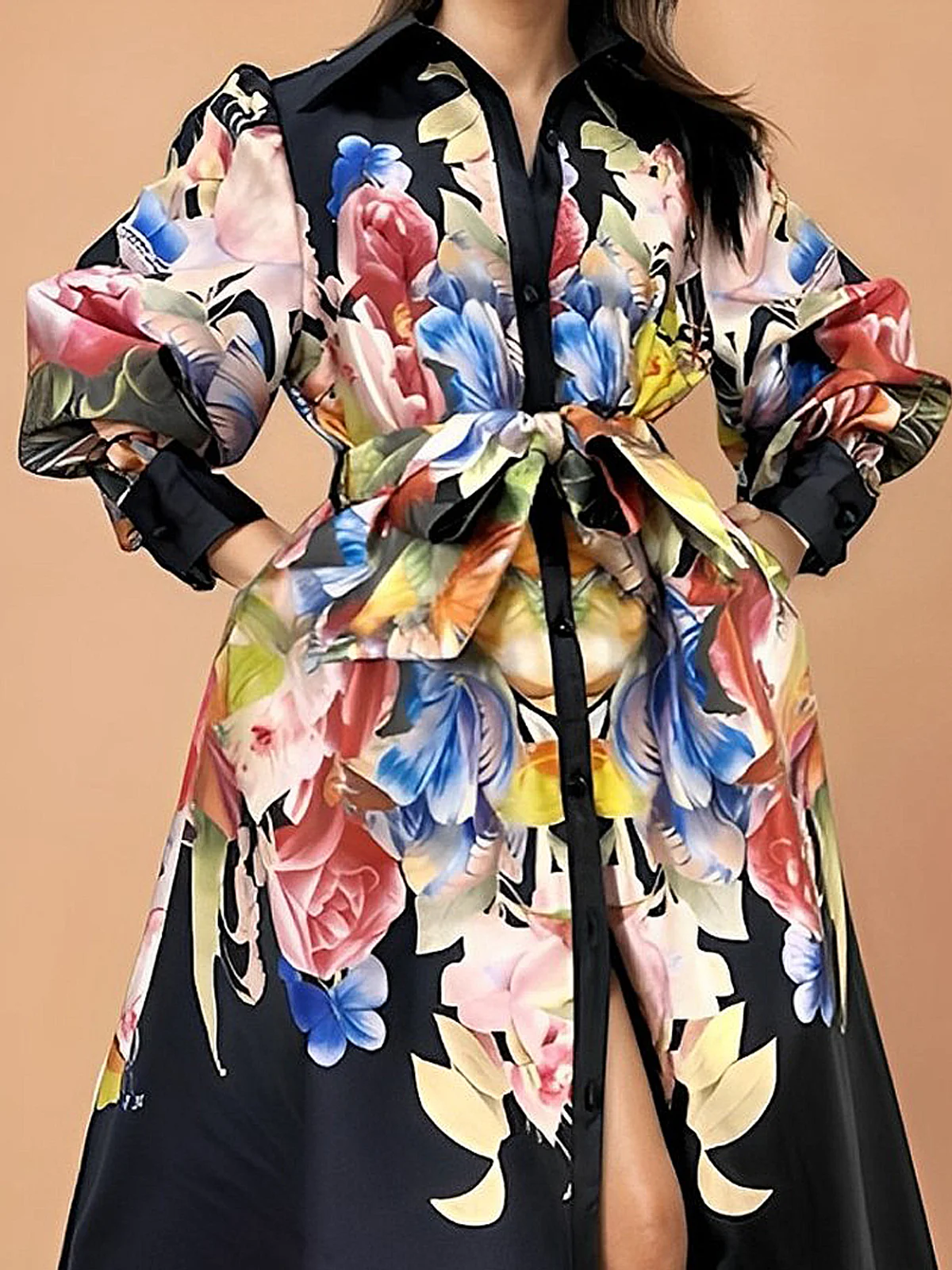 Elegant Floral  Shirt Collar Maxi Dress With Belt