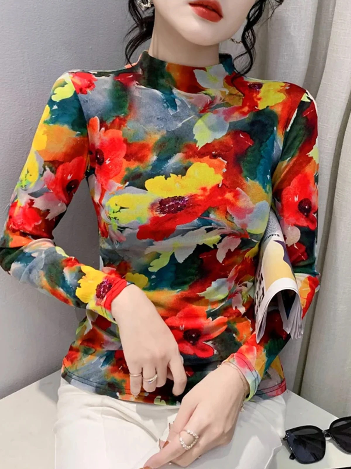 Casual Floral Printing Mock Neck T-shirt