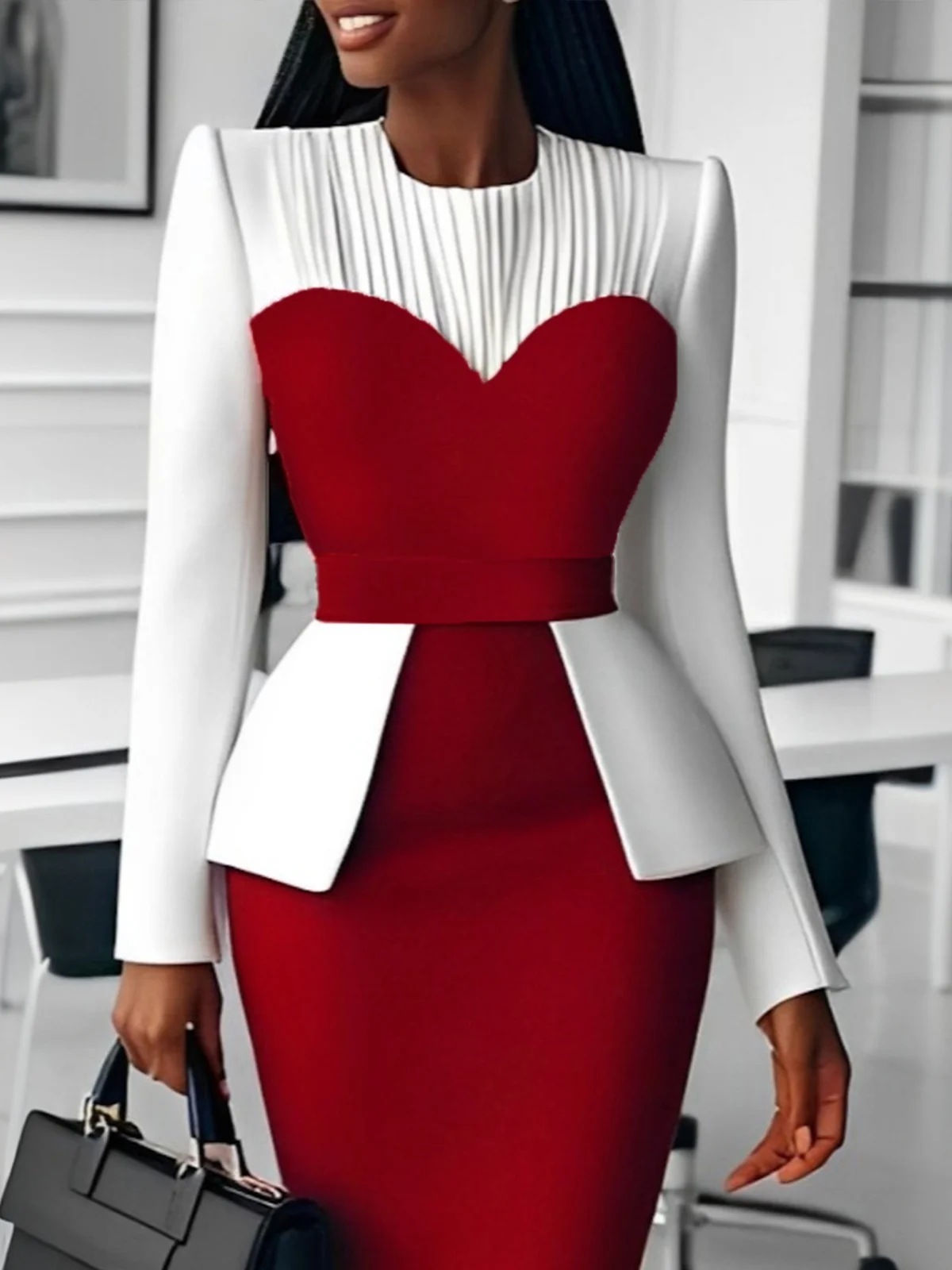 Elegant Color Block Split Joint Crew Neck Midi Dress