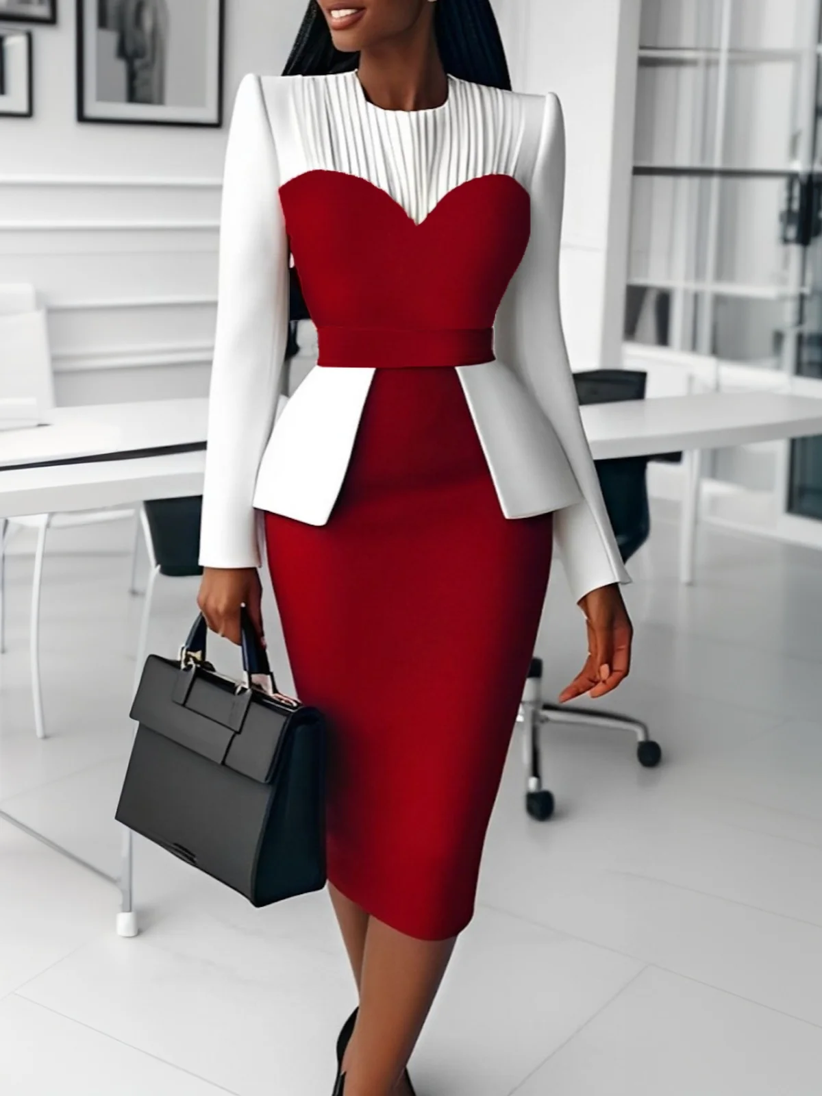 Elegant Color Block Split Joint Crew Neck Midi Dress