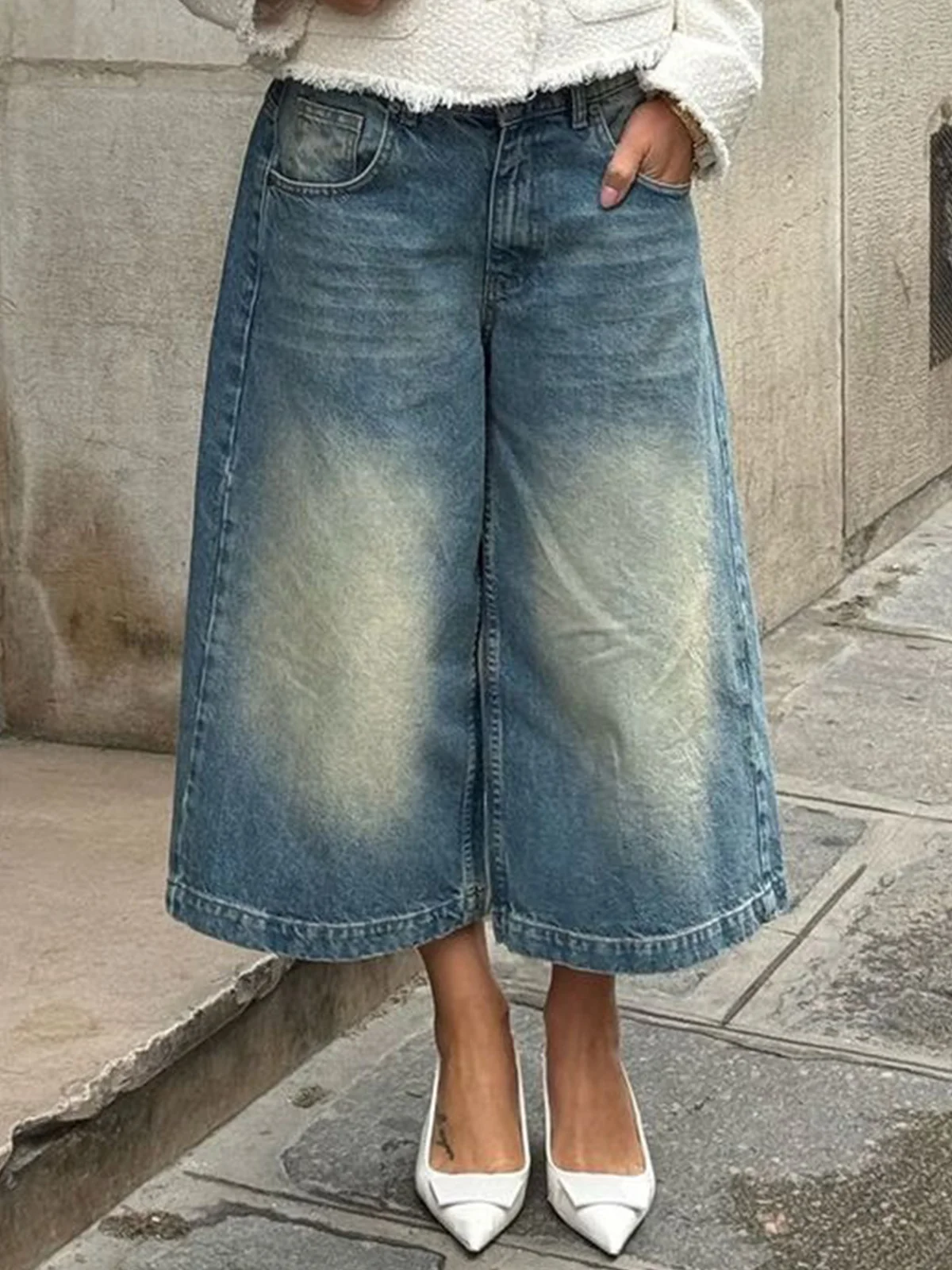 Casual Denim Plain Wide leg Jeans