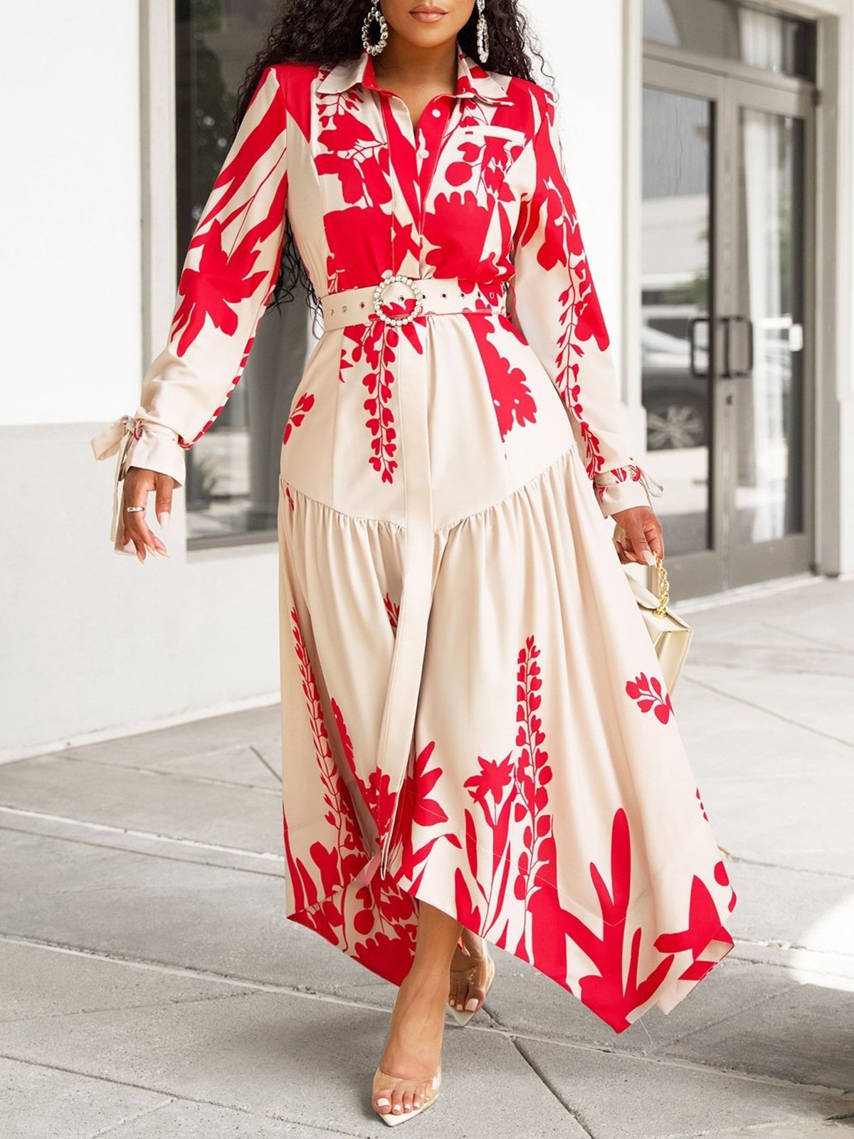 Elegant Floral  Shirt Collar Maxi Dress With Belt