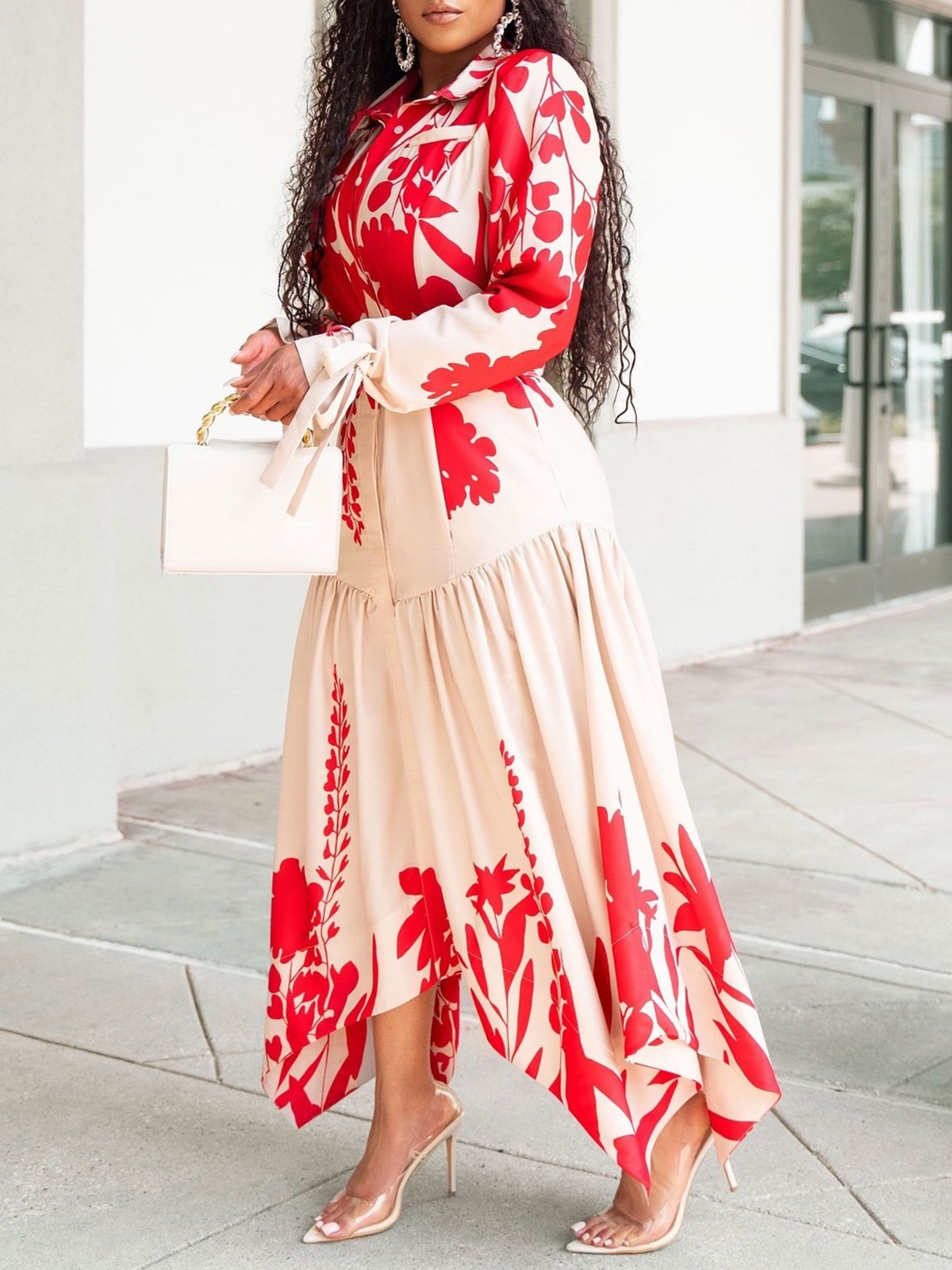 Elegant Floral  Shirt Collar Maxi Dress With Belt